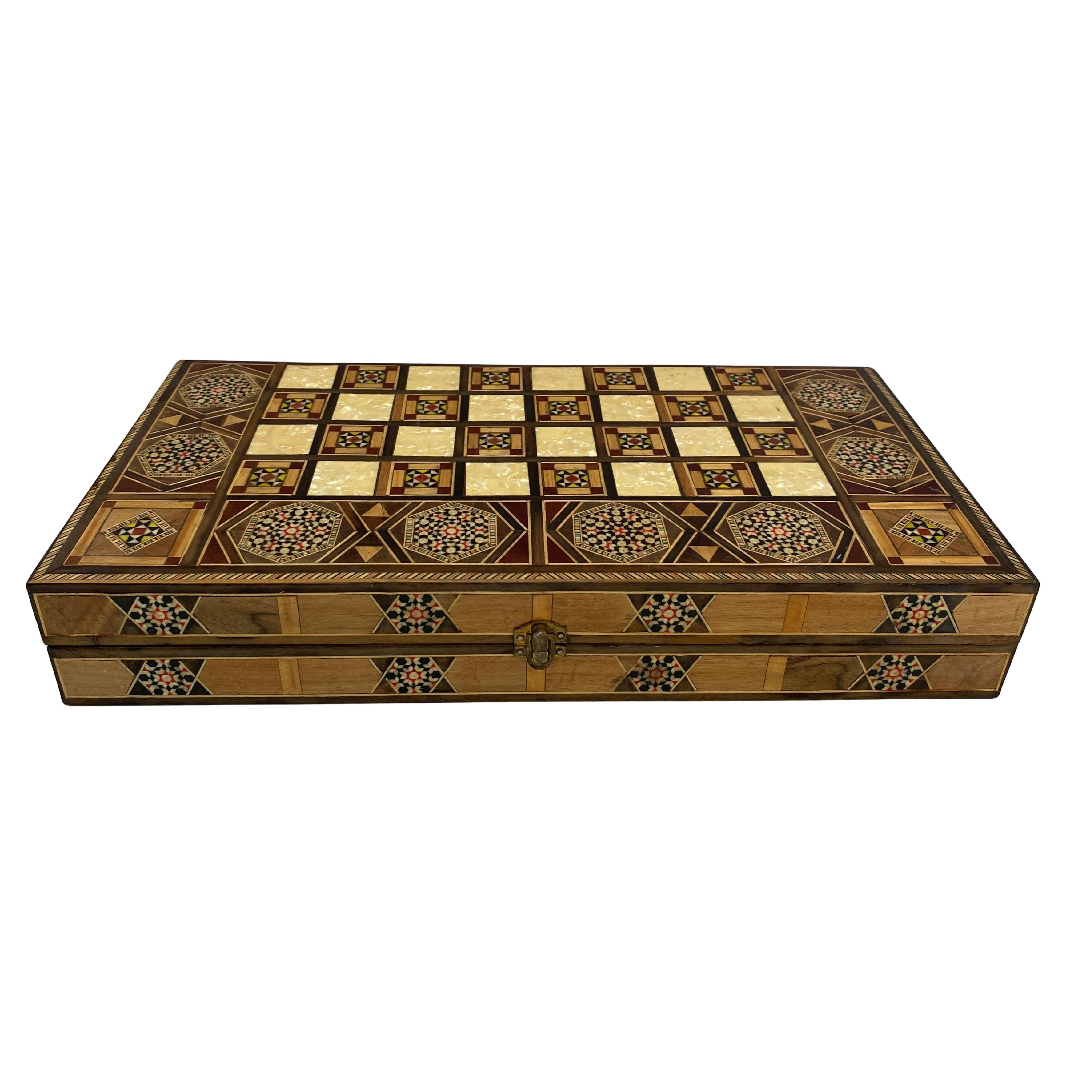 Syrian Style Mosaic Wooden Inlaid Marquetry Box Backgammon Set