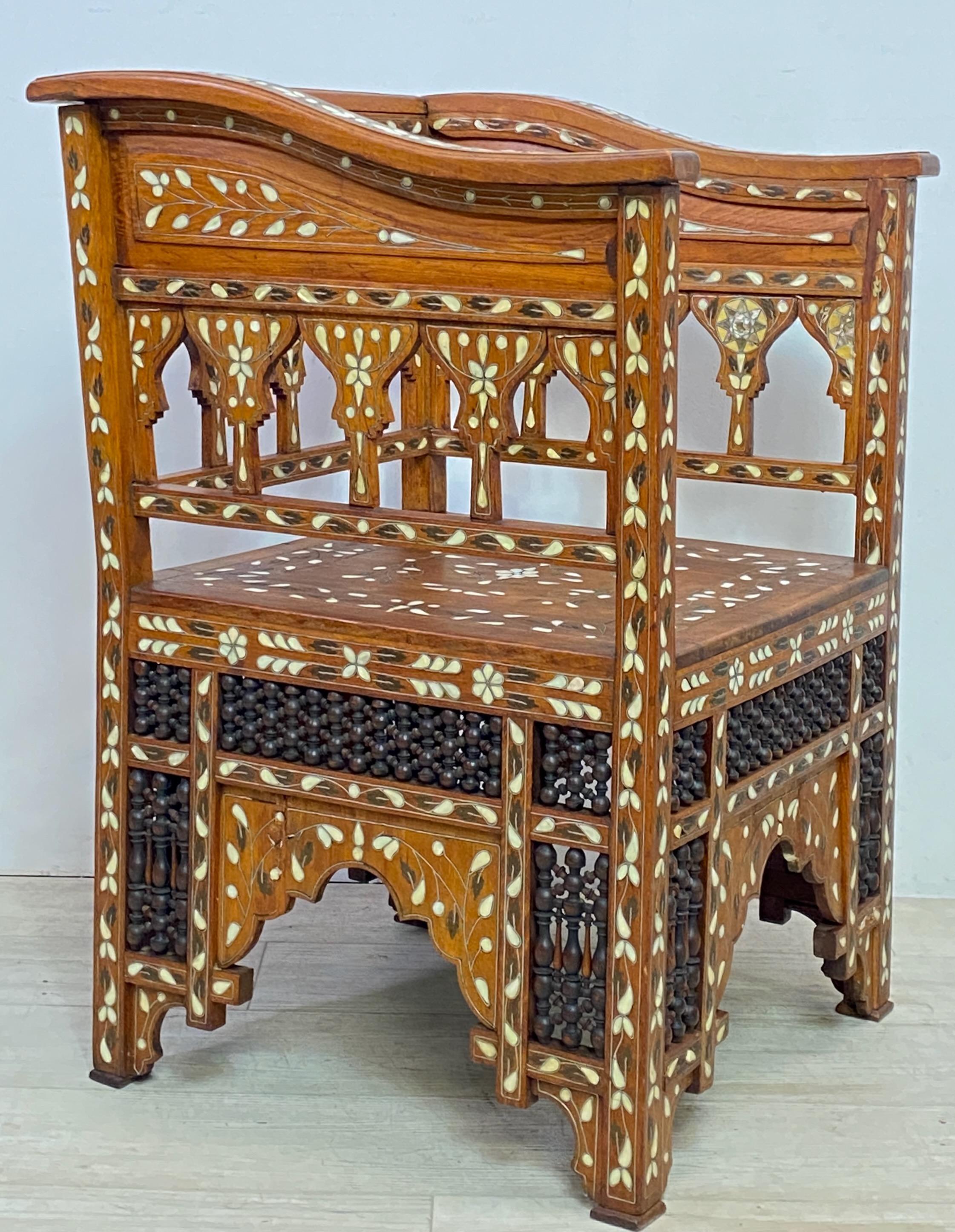 Moorish Syrian Walnut Chair with Mixed Inlay, Late 19th-Early 20th Century  For Sale