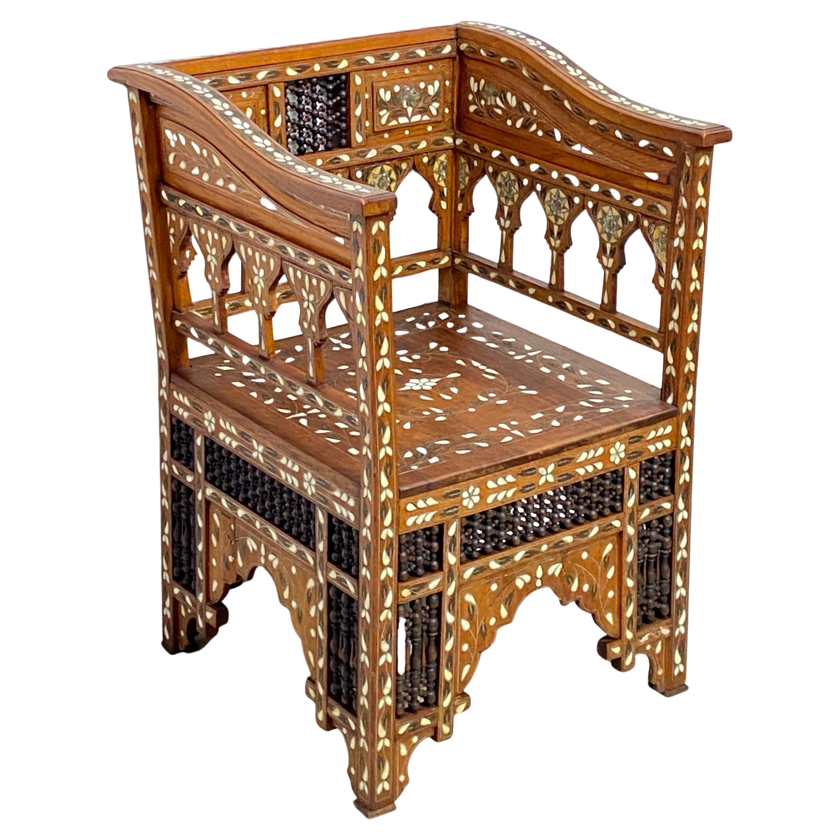 Syrian Walnut Chair with Mixed Inlay, Late 19th-Early 20th Century  For Sale