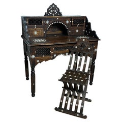 Walnut with Inlay Writing Desk and Chair, Syrian Late 19th Century
