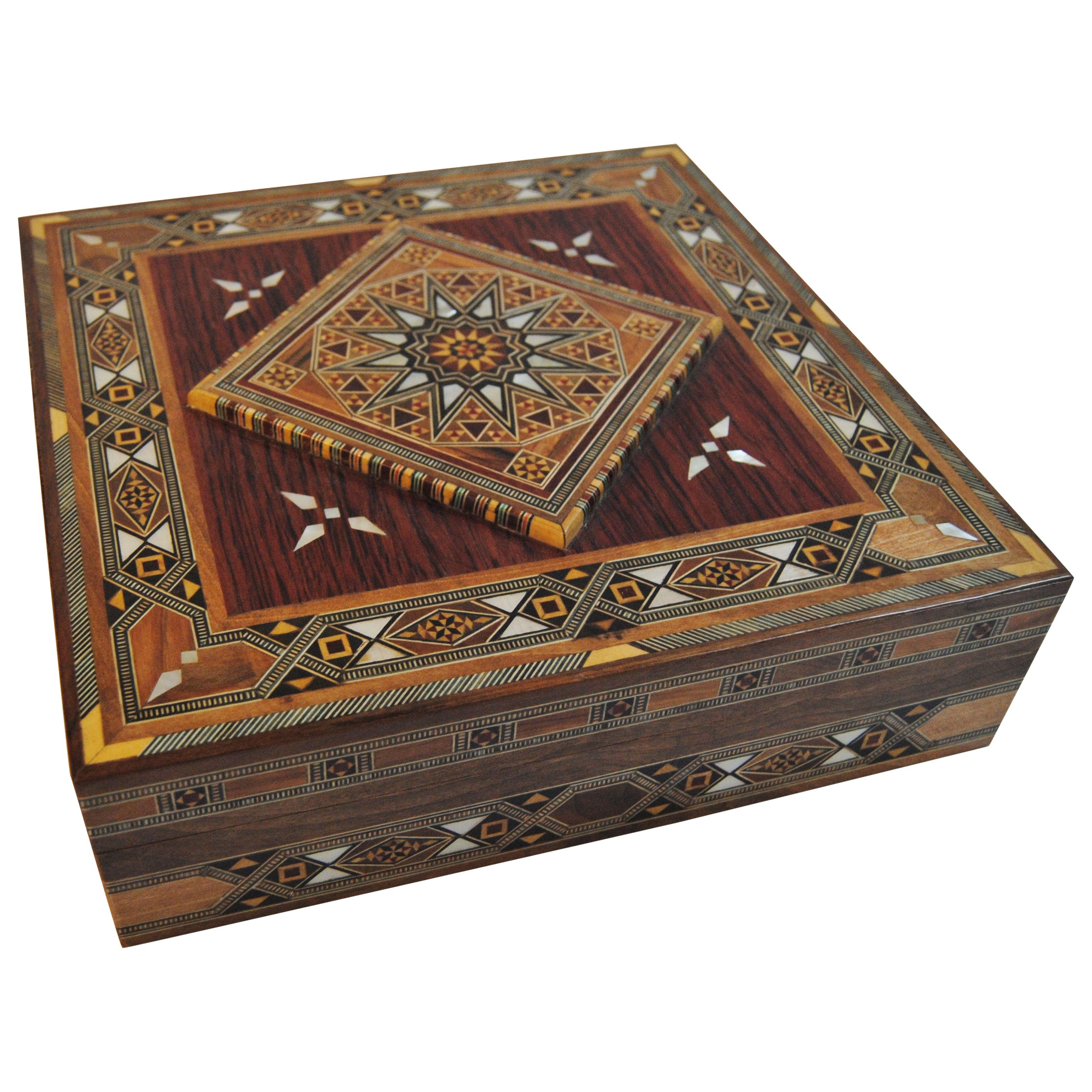 Syrian Walnut Wood Box Inlaid with Mother of Pearl and Cream Leather Lining For Sale