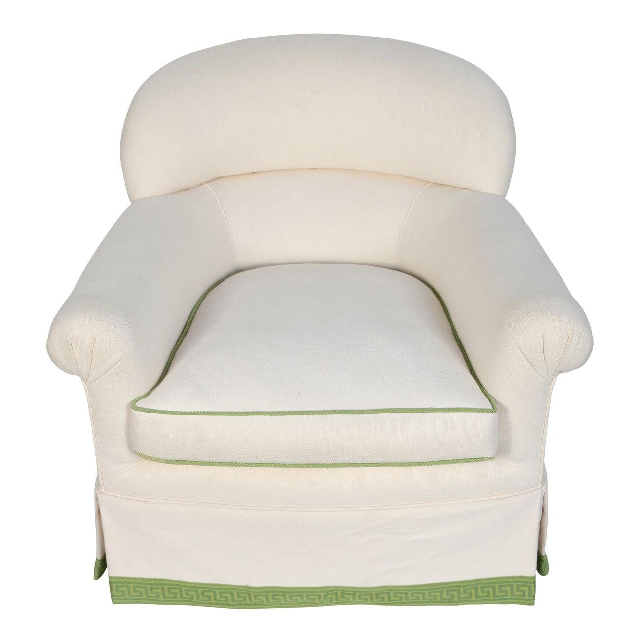 Syrie Maugham Upholstered Arm Chair Newly Upholstered in White Linen with Green