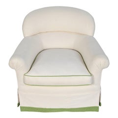 Syrie Maugham Upholstered Arm Chair Newly Upholstered in White Linen with Green