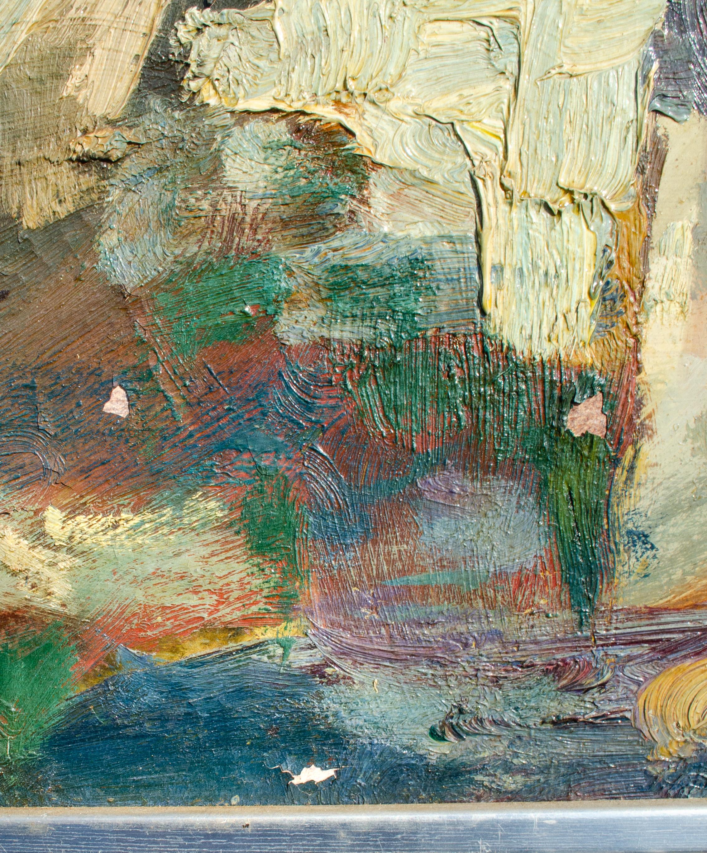 Syril Frank (Amerikaner, 1929-2021)
Ohne Titel, ca. 1970er/80er Jahre
Öl auf Leinwand
Gerahmt: 21 3/4 x 25 2/3 x 1 Zoll.

Dieses fantastische Gemälde im Stil des abstrakten Expressionismus zeigt eine Gruppe von Figuren, die möglicherweise nackt