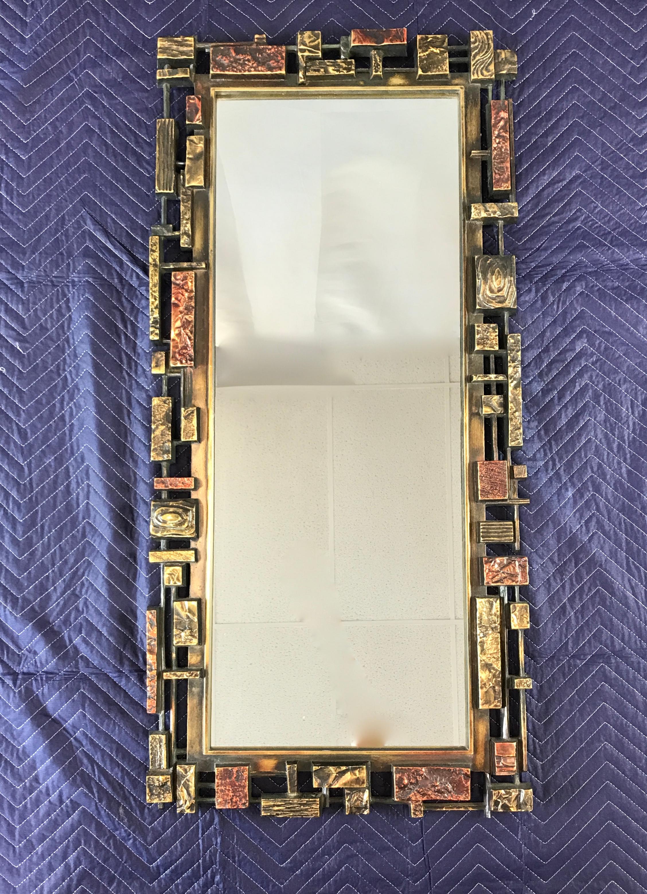 American Syroco Brutalist Wall Mirror with Matching Brutalist Shelf Copper, Gold, Black