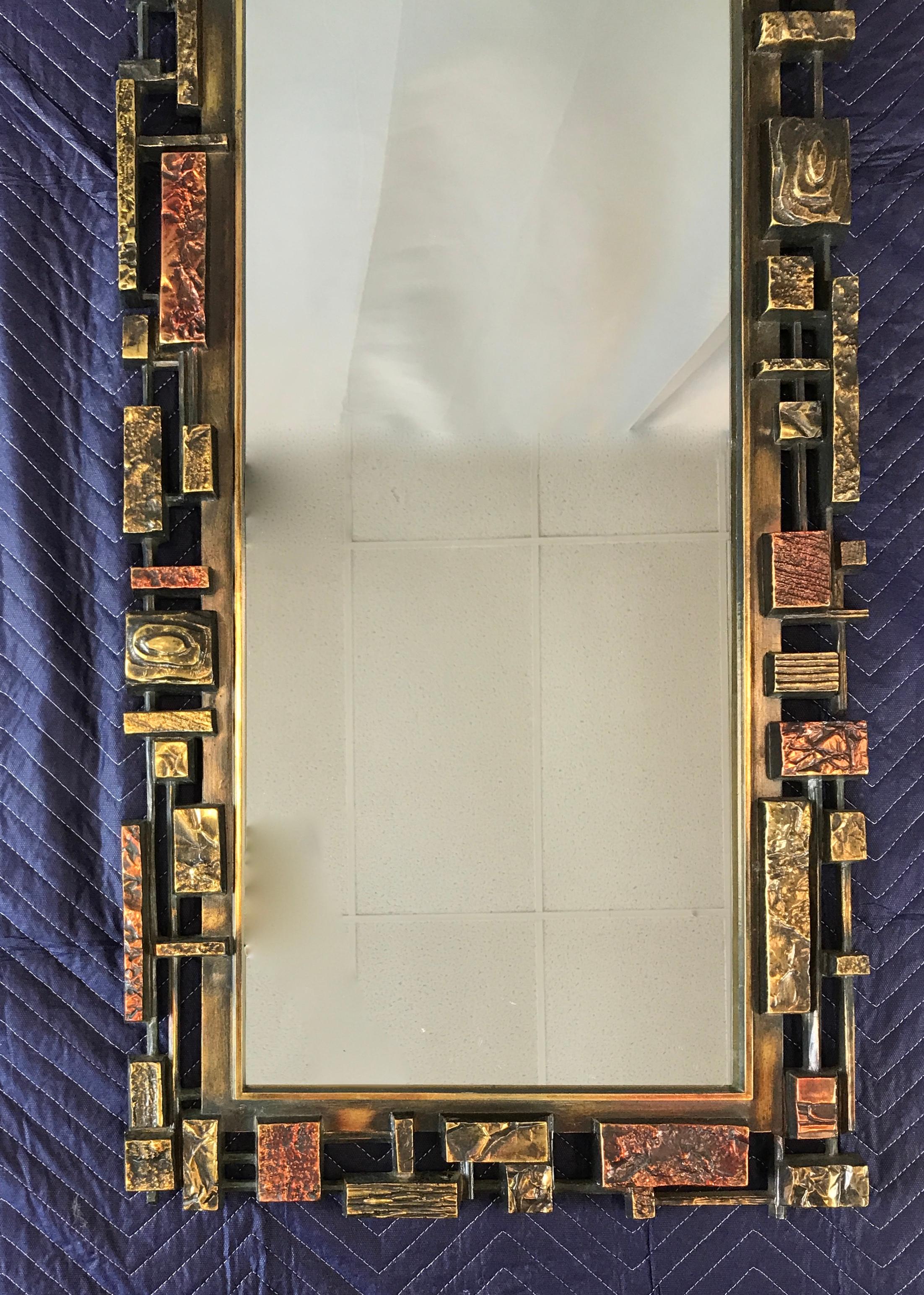 Syroco Brutalist Wall Mirror with Matching Brutalist Shelf Copper, Gold, Black In Good Condition In San Francisco, CA