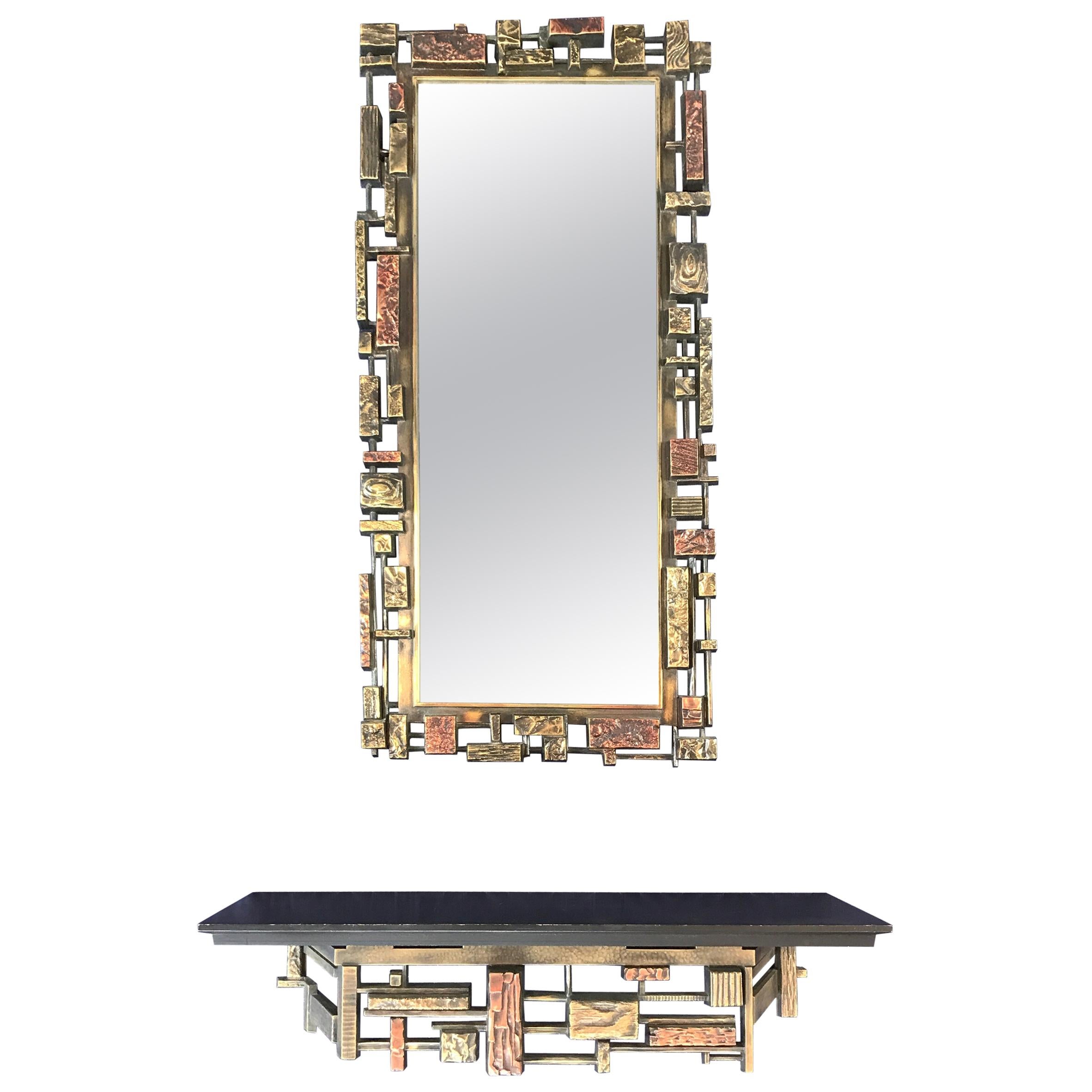 Syroco Brutalist Wall Mirror with Matching Brutalist Shelf Copper, Gold, Black