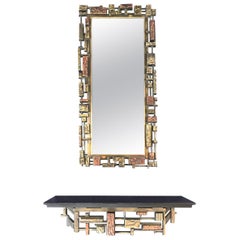 Vintage Syroco Brutalist Wall Mirror with Matching Brutalist Shelf Copper, Gold, Black