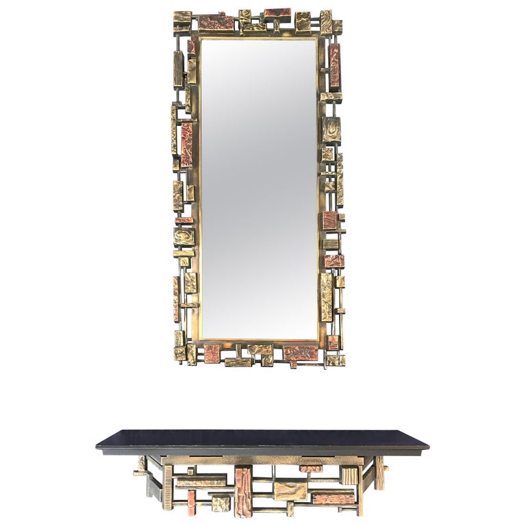 Syroco Brutalist Wall Mirror With Matching Shelf Copper Gold Black At 1stdibs - Copper Wall Mirror With Shelf
