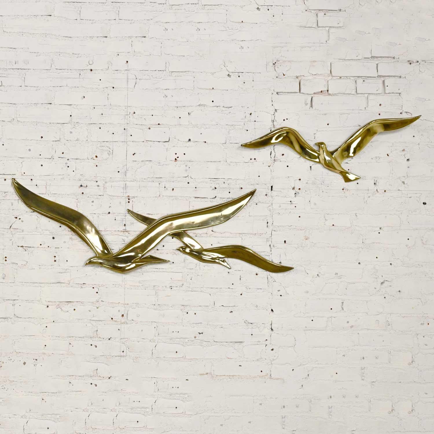 20th Century Syroco MCM Gilded Plastic Seagulls in Flight 3 Birds 2-Piece Wall Sculpture