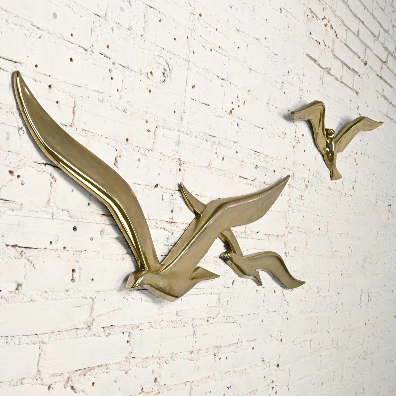 American Syroco MCM Gilded Plastic Seagulls in Flight 3 Birds 2-Piece Wall Sculpture