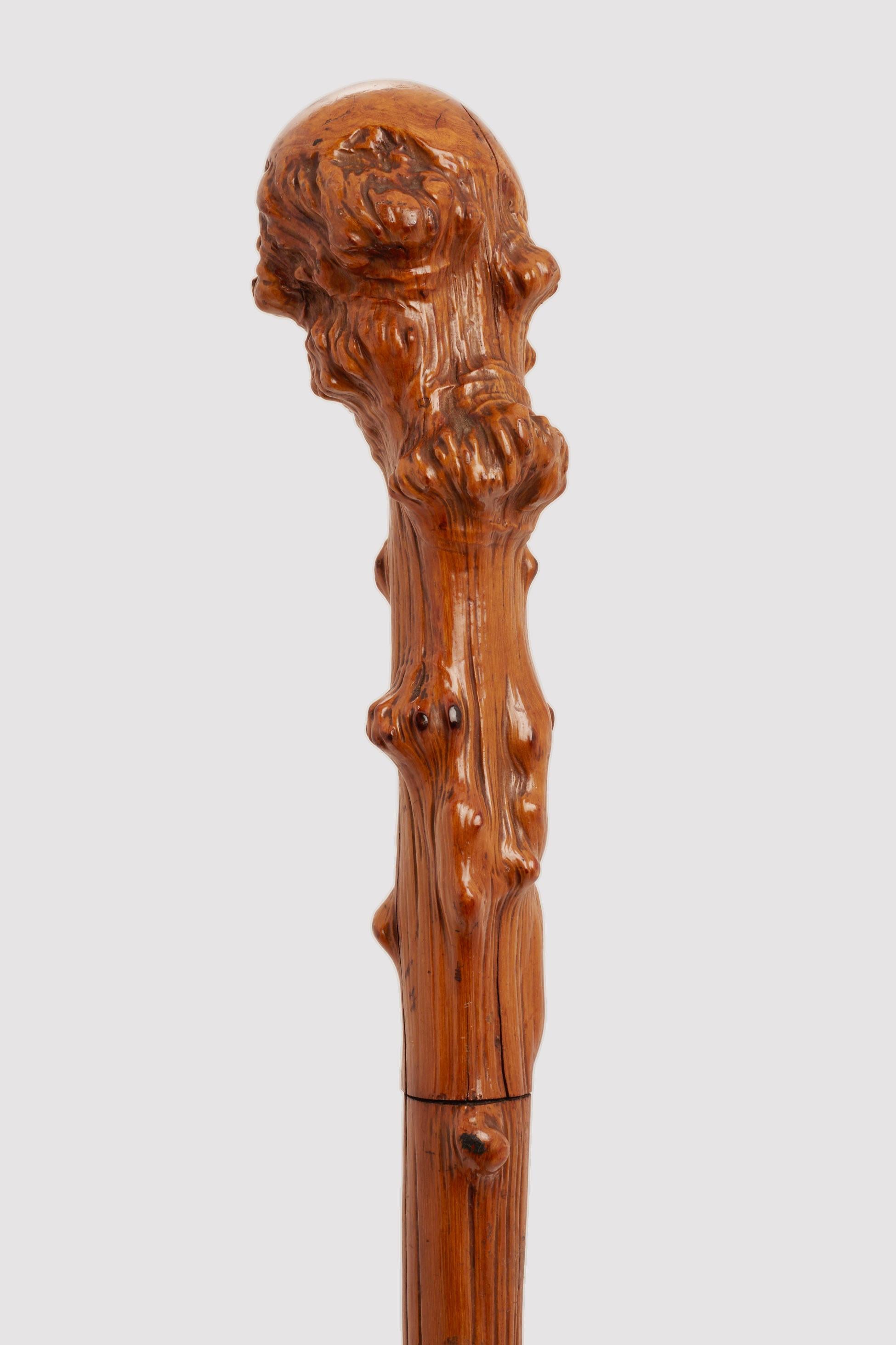 Bastone da passeggio del sistema con funzione di difesa. L'asta è in legno di biancospino; premendo un pulsante, mascherato in un nodo del legno, si estrae una spada, la lama spagnola, incisa con la scritta Toledo nell'acido. Punta di ferro.