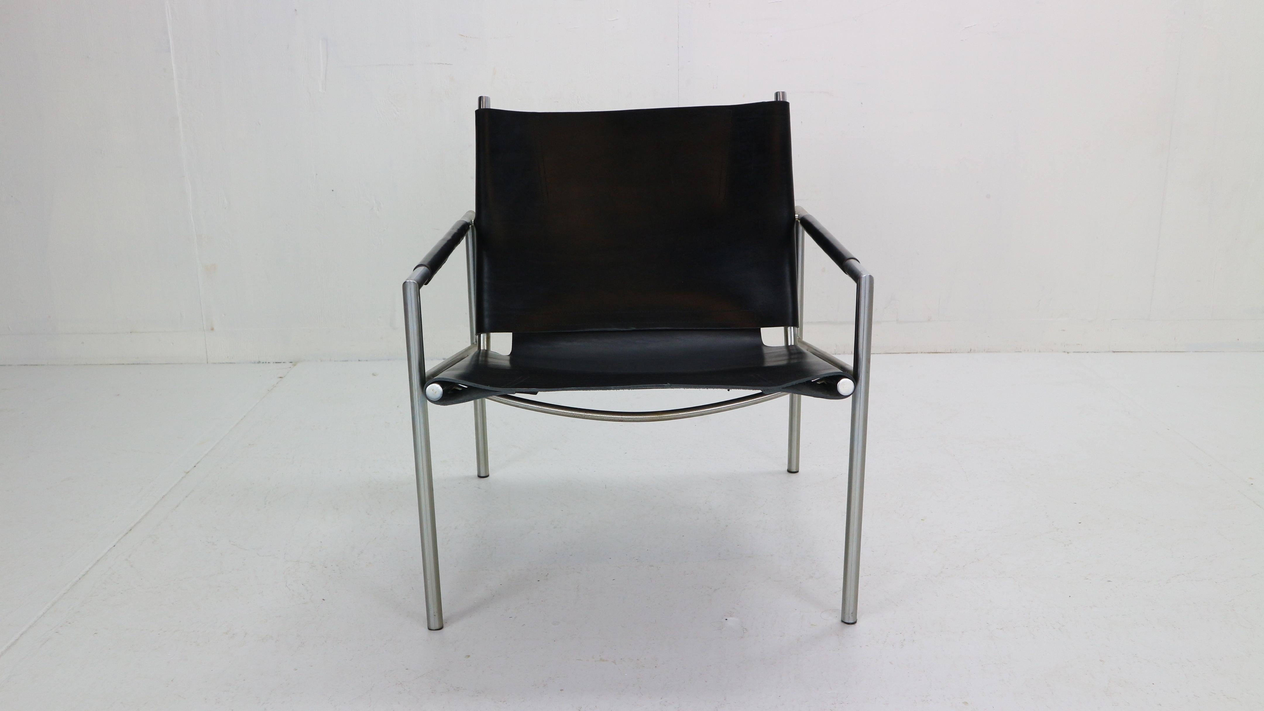 Dutch SZ02 Black Leather Armchair by Martin Visser For t Spectrum, 1960s