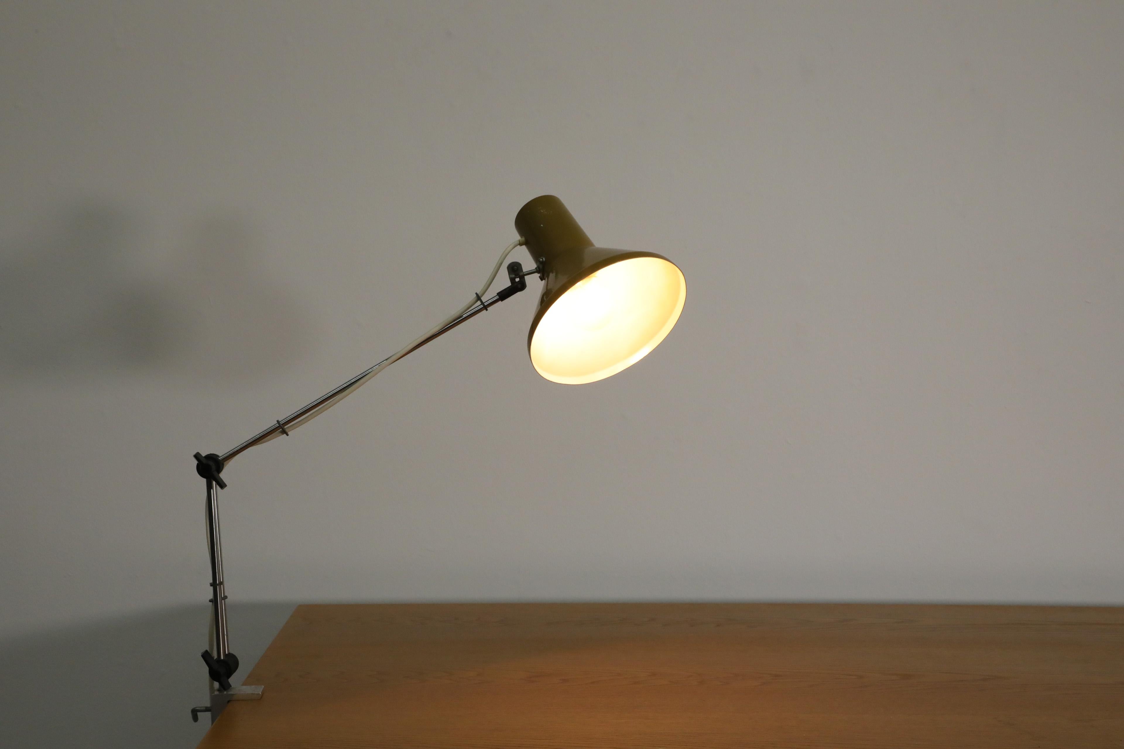 Mid-Century Modern Szarvasi Hala Style Industrial Drafting Clamp-on Lamp with Olive Green Shade For Sale