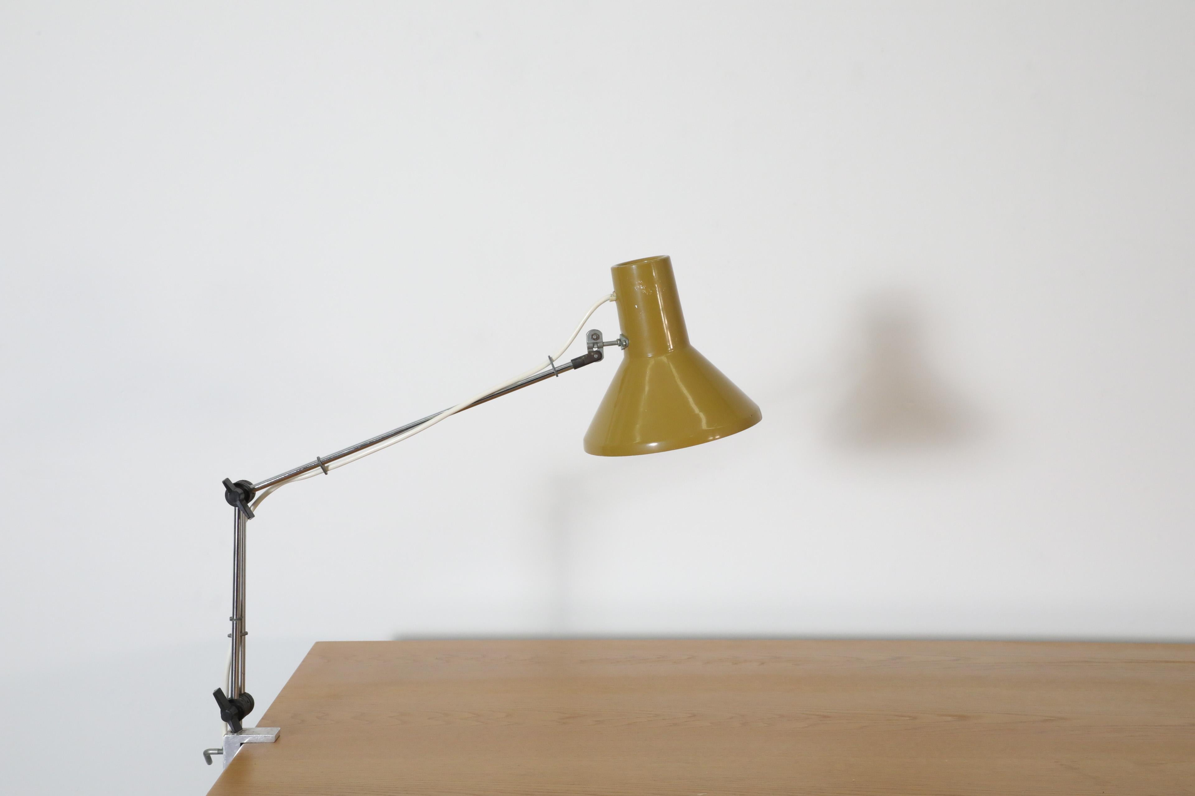 Szarvasi Hala Style Industrial Drafting Clamp-on Lamp with Olive Green Shade In Good Condition For Sale In Los Angeles, CA
