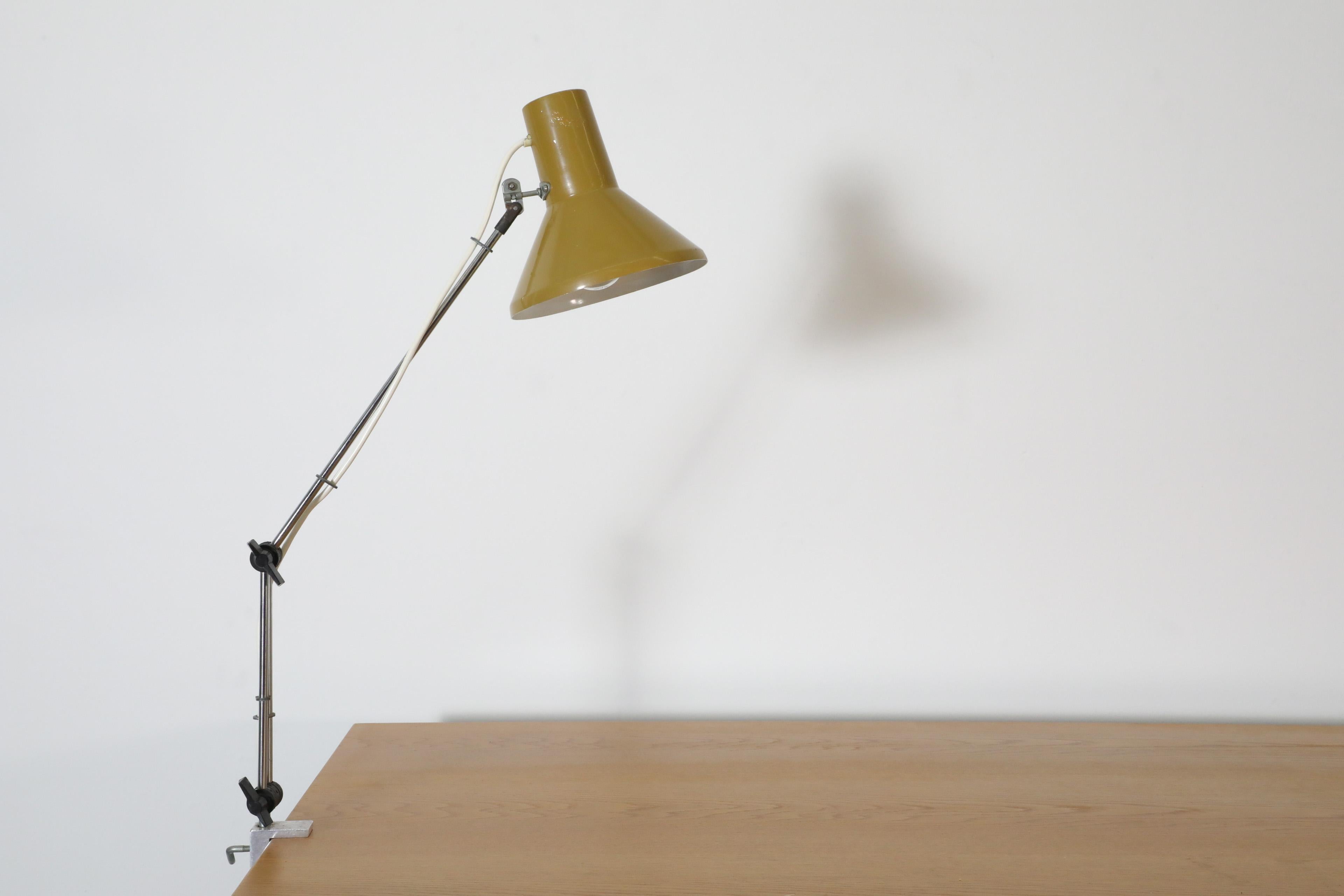 Mid-20th Century Szarvasi Hala Style Industrial Drafting Clamp-on Lamp with Olive Green Shade For Sale