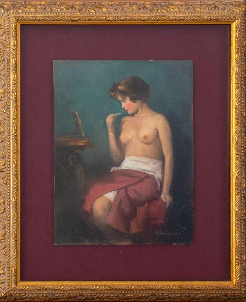 Szilard Constantinus Kovari (Slovakian, 1882-1916), Nude Woman, Oil on Board, depicting seated woman applying lipstick in the mirror, signed lower right, giltwood frame. Image: 9" H x 6.75" W; frame: 15" H x 13" W. Provenance: Philadelphia, Private