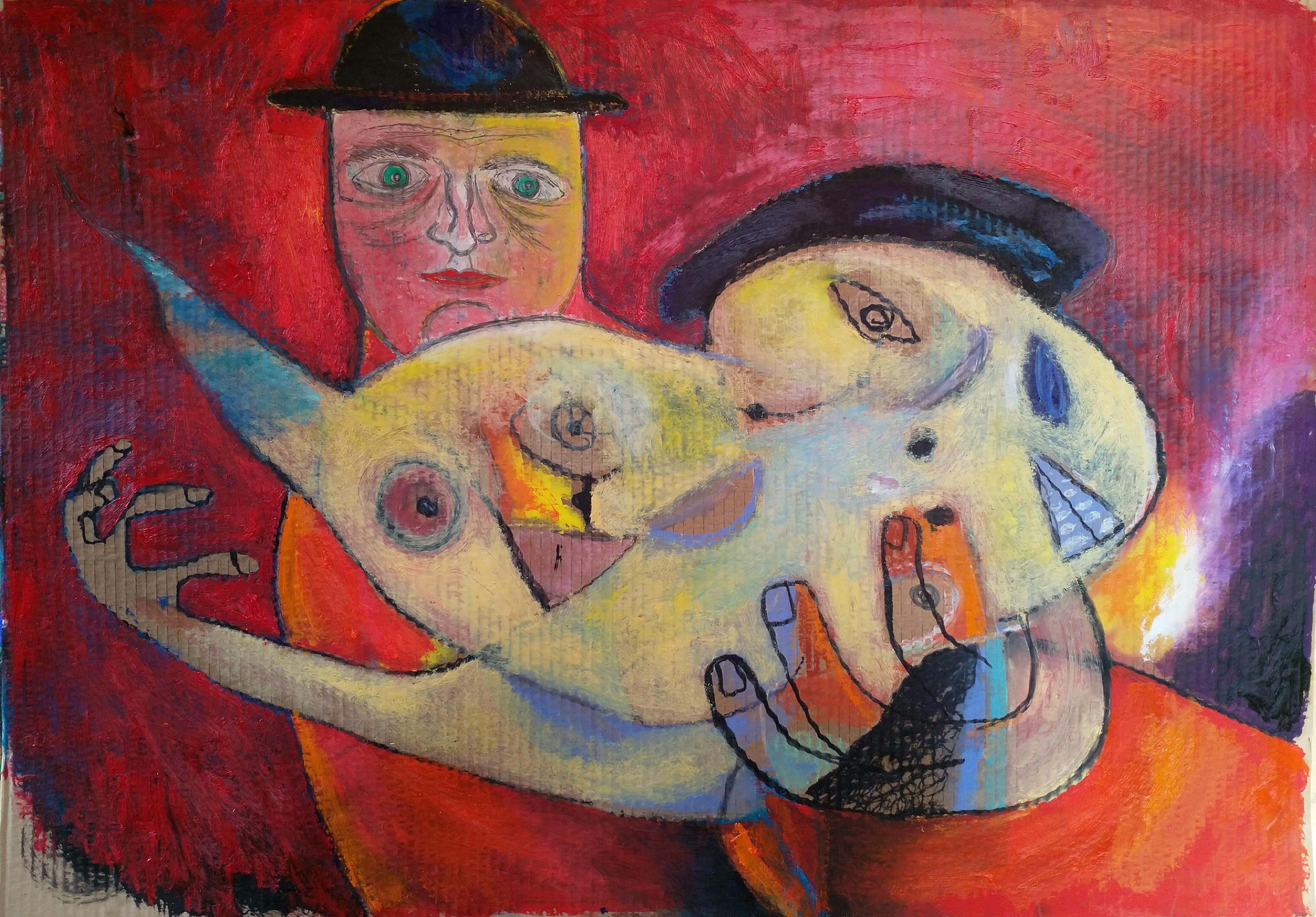 'Finding Some Miracle' by Szilard Szilagyi - figurative expressionist oil painting. This surrealist artwork will be shipped to your address from the artist's studio in Hungary. It will be delivered in a crate, ready to be placed on a wall. You will