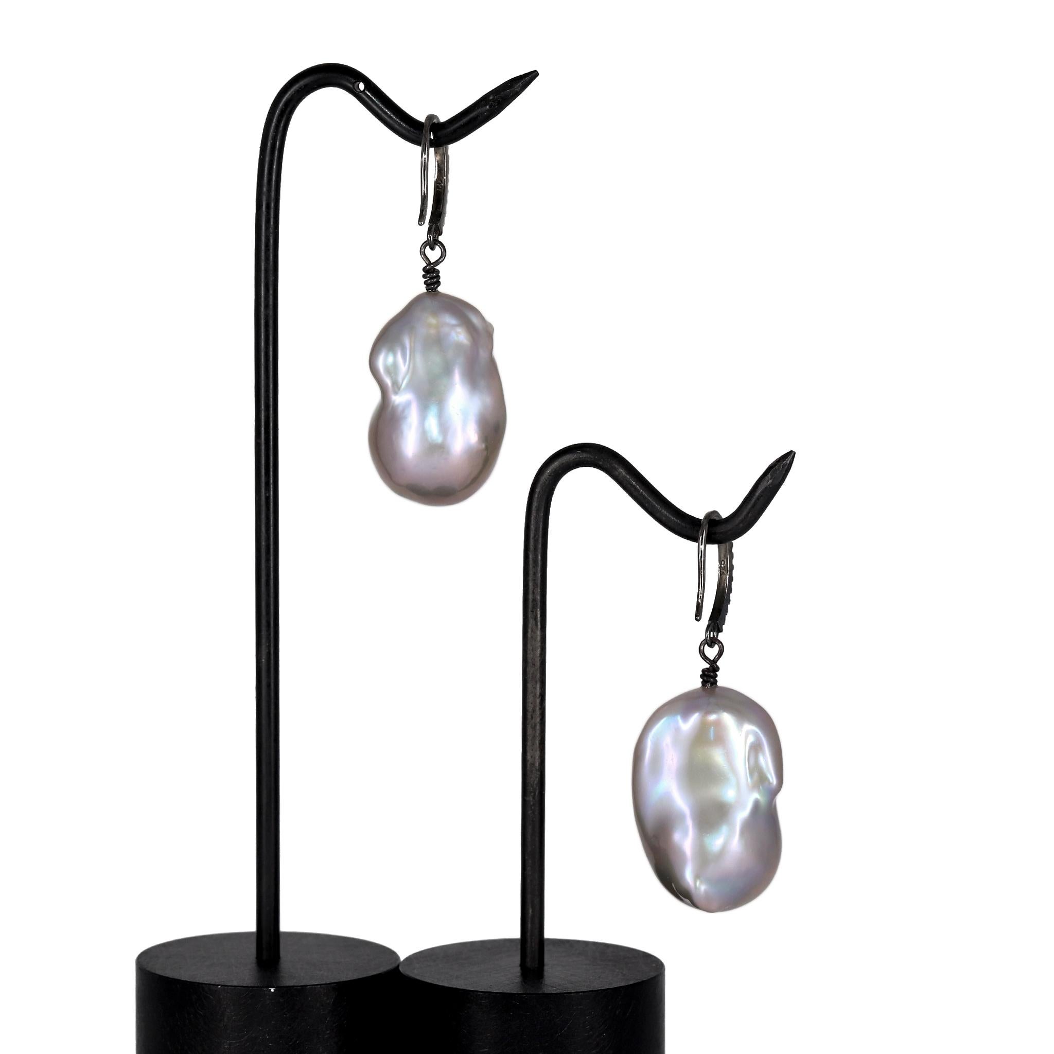 Contemporary Szor Silver Blue Freshwater Baroque Pearl Diamond Blackened Silver Drop Earrings