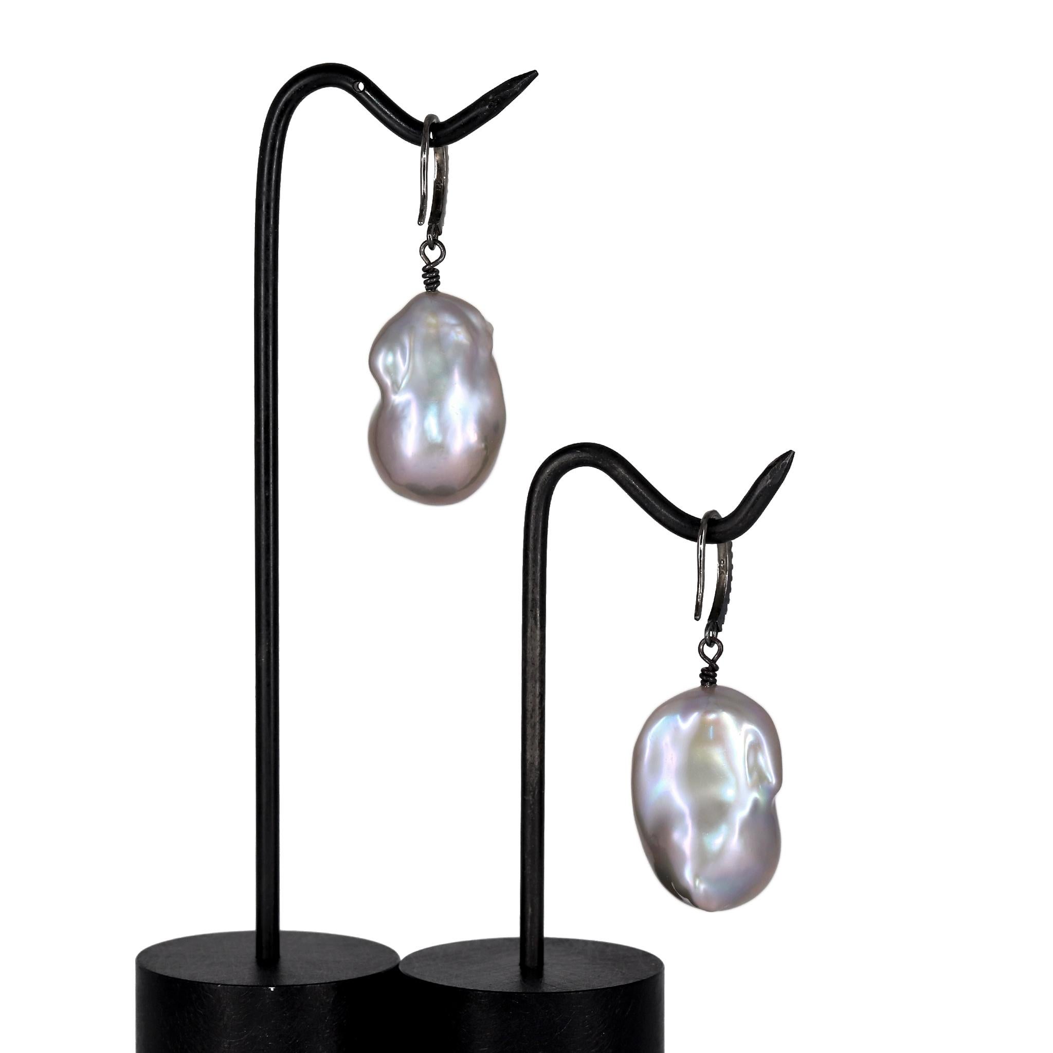 Contemporary Szor Silver Blue Freshwater Baroque Pearl Diamond Blackened Silver Drop Earrings For Sale