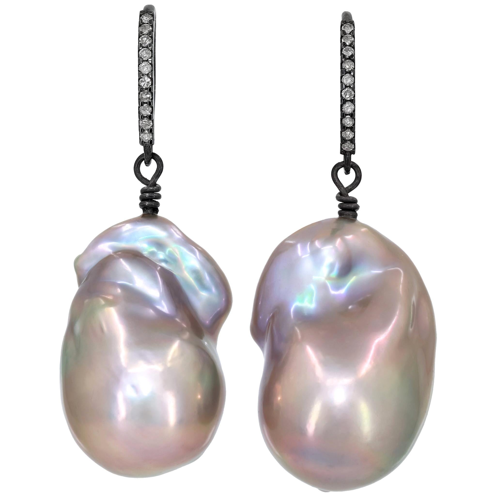 Szor Boucles d'oreilles pendantes en argent noirci avec perles baroques d'eau douce bleues et diamants