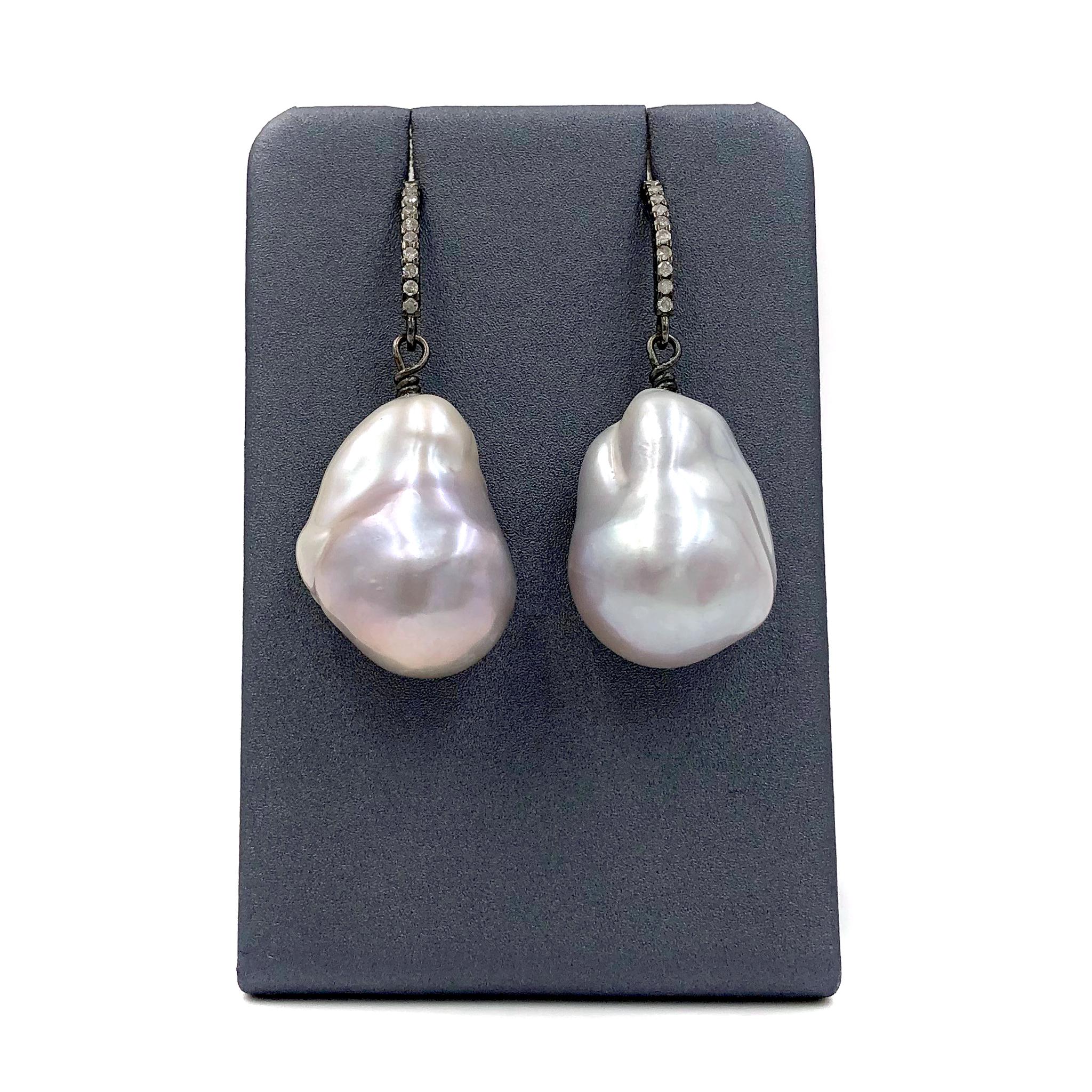 Silver Freshwater Baroque Pearl Drop Earrings on diamond-set, black rhodium-finished sterling silver ear wires. 