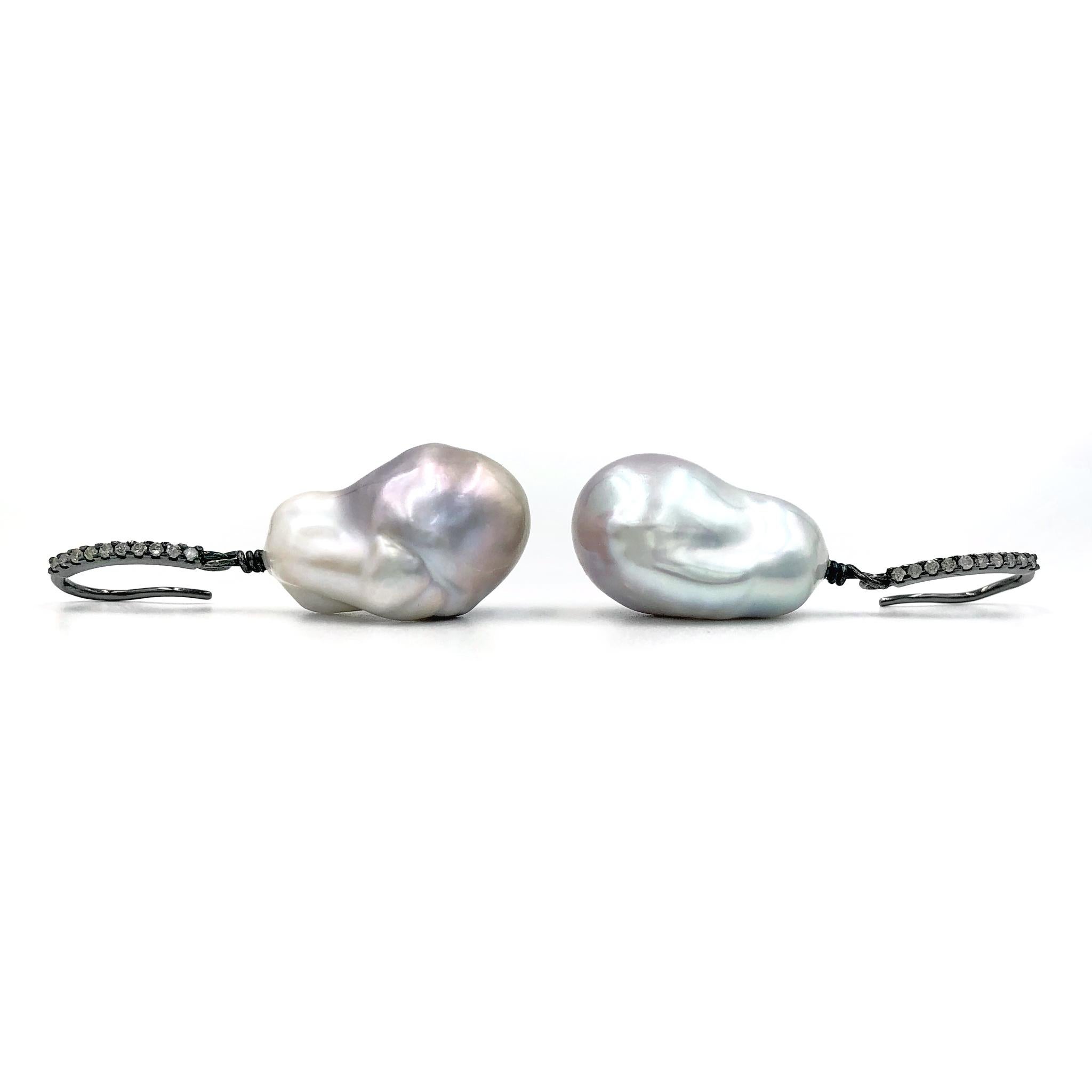 Contemporary Szor Silver Freshwater Baroque Pearl Diamond Blackened Silver Drop Earrings