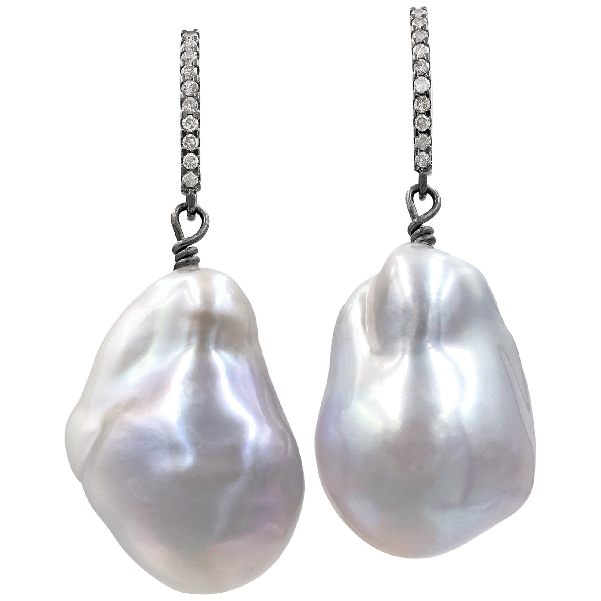 Szor Silver Freshwater Baroque Pearl Diamond Blackened Silver Drop Earrings