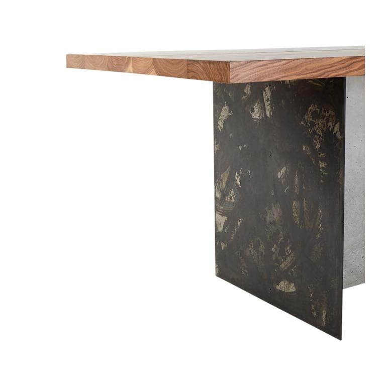 Modern T-1 Dining Table, Walnut Wood Top, Patinated Steel and Cracked Concrete Leg For Sale