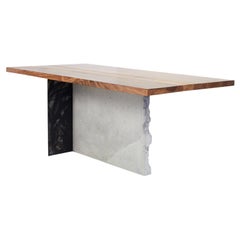 T-1 Dining Table, Walnut Wood Top, Patinated Steel and Cracked Concrete Leg