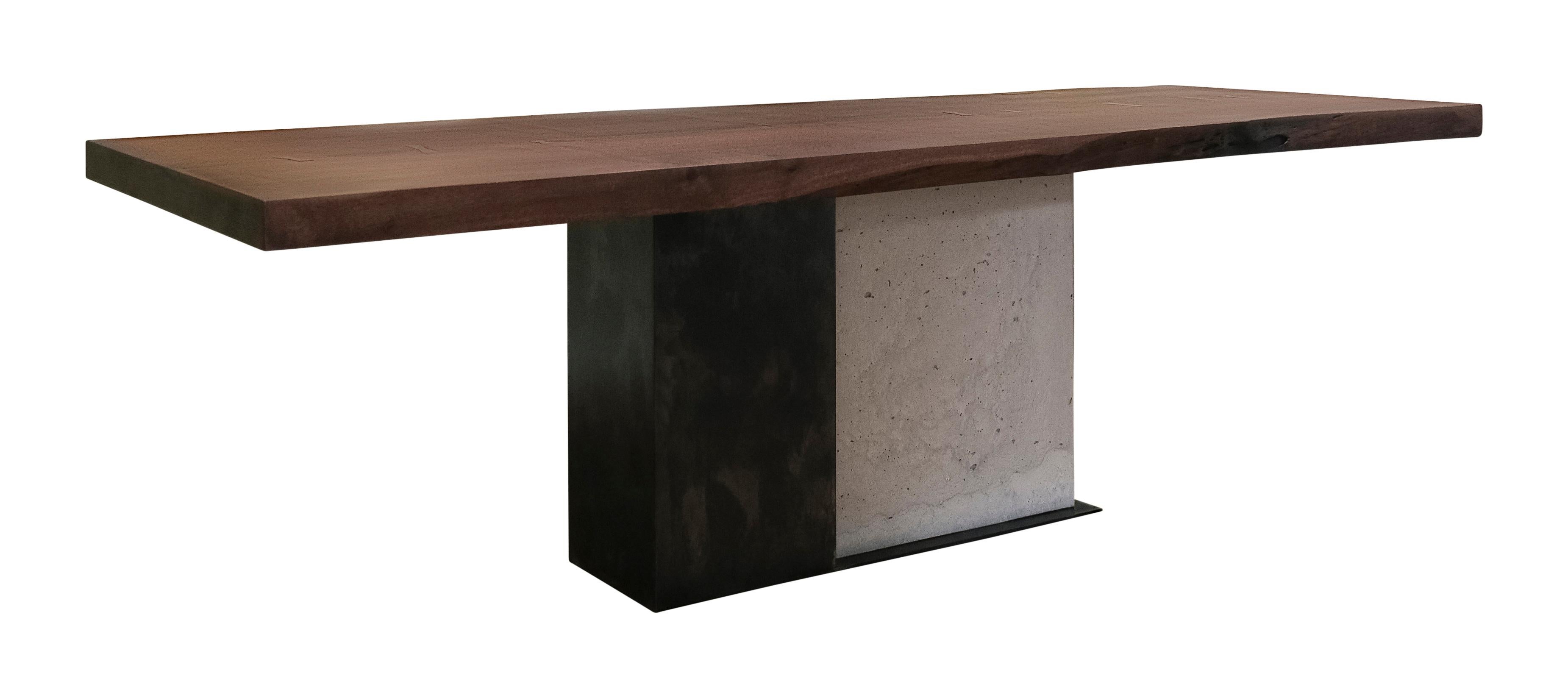 T-2 Dining Table, Live Edge Walnut Wood Top, Patinated Steel and Concrete Base In New Condition For Sale In Biddeford, ME