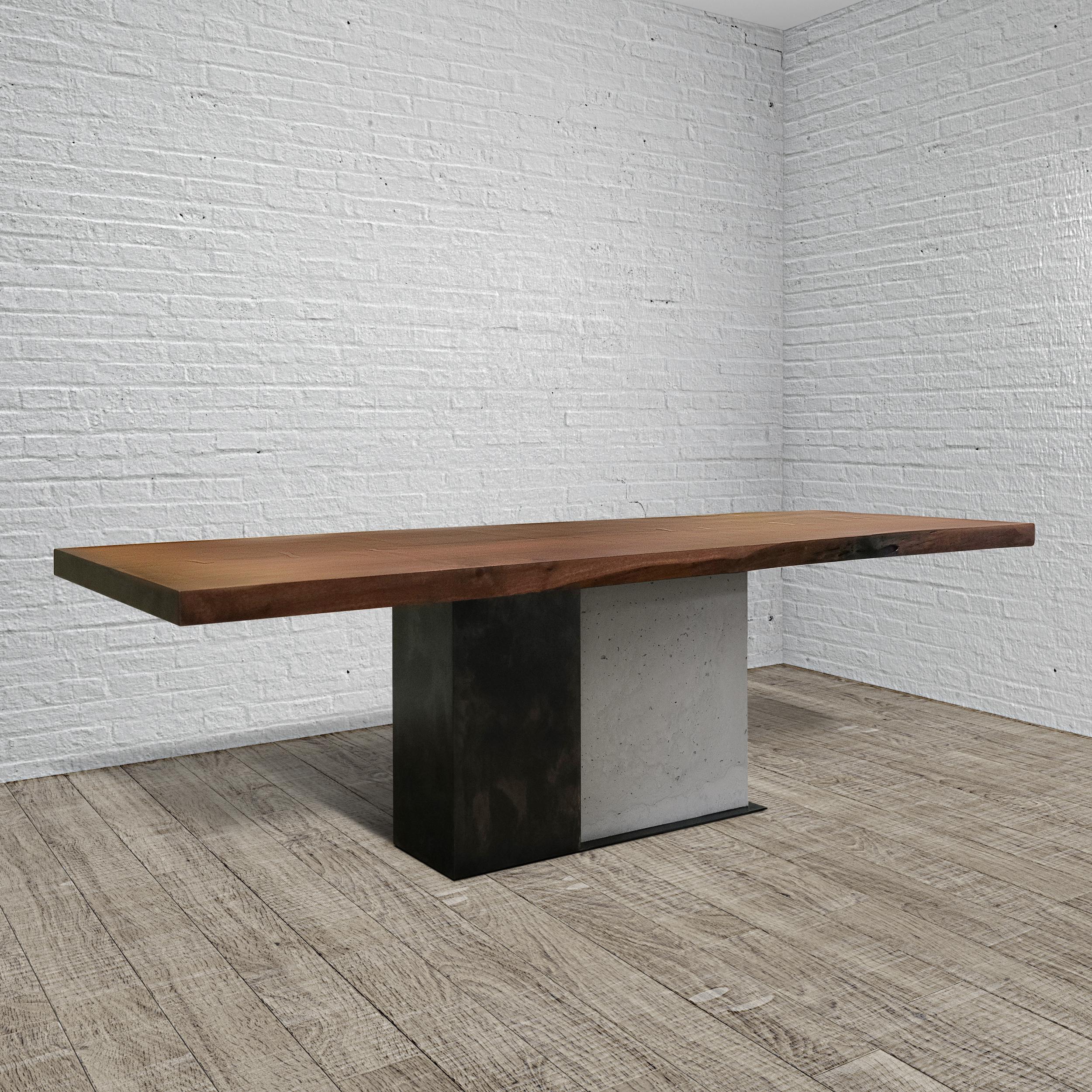 Contemporary T-2 Dining Table, Live Edge Walnut Wood Top, Patinated Steel and Concrete Base For Sale