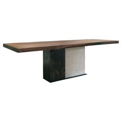 T-2 Dining Table, Live Edge Walnut Wood Top, Patinated Steel and Concrete Base