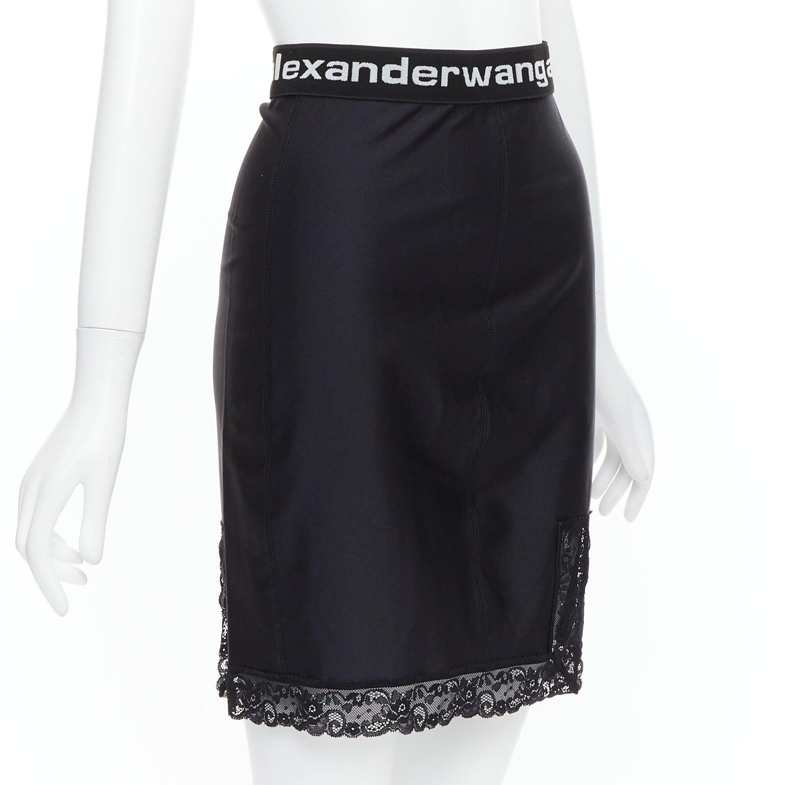 Black T ALEXANDER WANG black lace trim logo tape waistband mini skirt XS For Sale