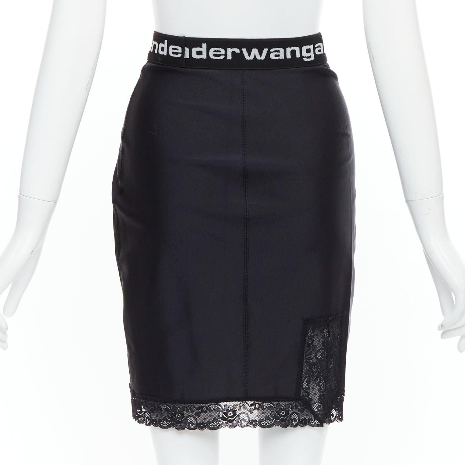Women's T ALEXANDER WANG black lace trim logo tape waistband mini skirt XS For Sale