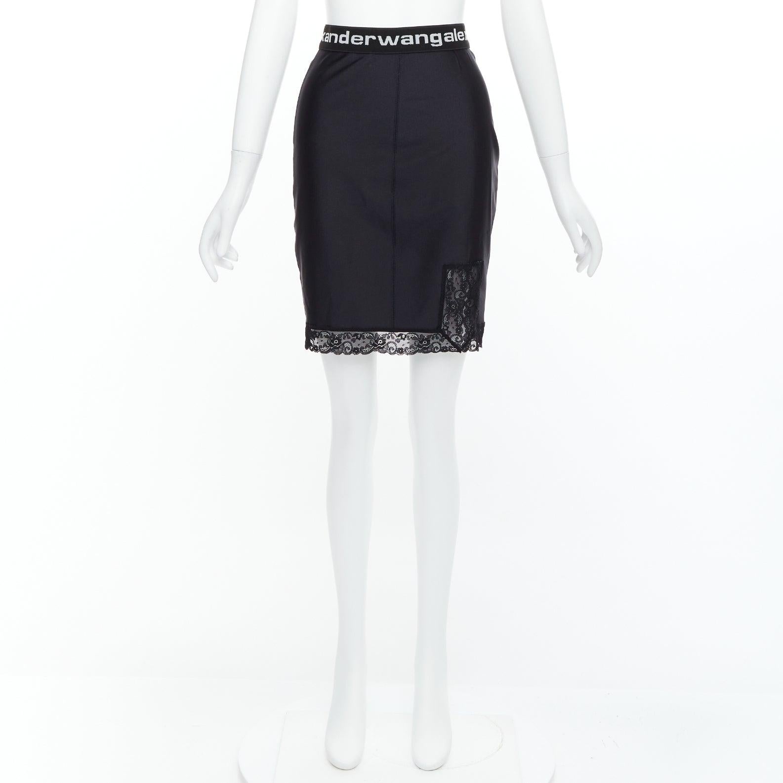 T ALEXANDER WANG black lace trim logo tape waistband mini skirt XS For Sale 4