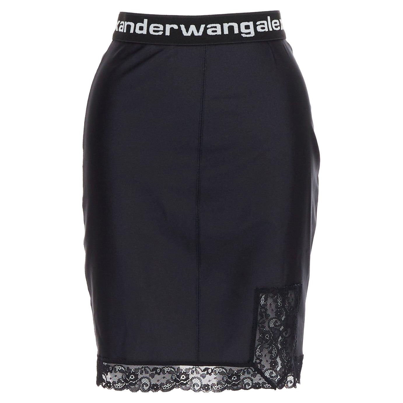 T ALEXANDER WANG schwarzer Spitzenbesatz mit Logo-Band am Bund Mini-Rock XS im Angebot