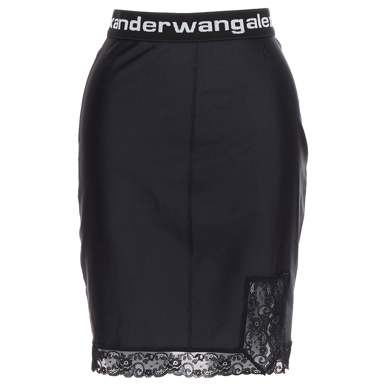 T ALEXANDER WANG schwarzer Spitzenbesatz mit Logo-Band am Bund Mini-Rock XS im Angebot