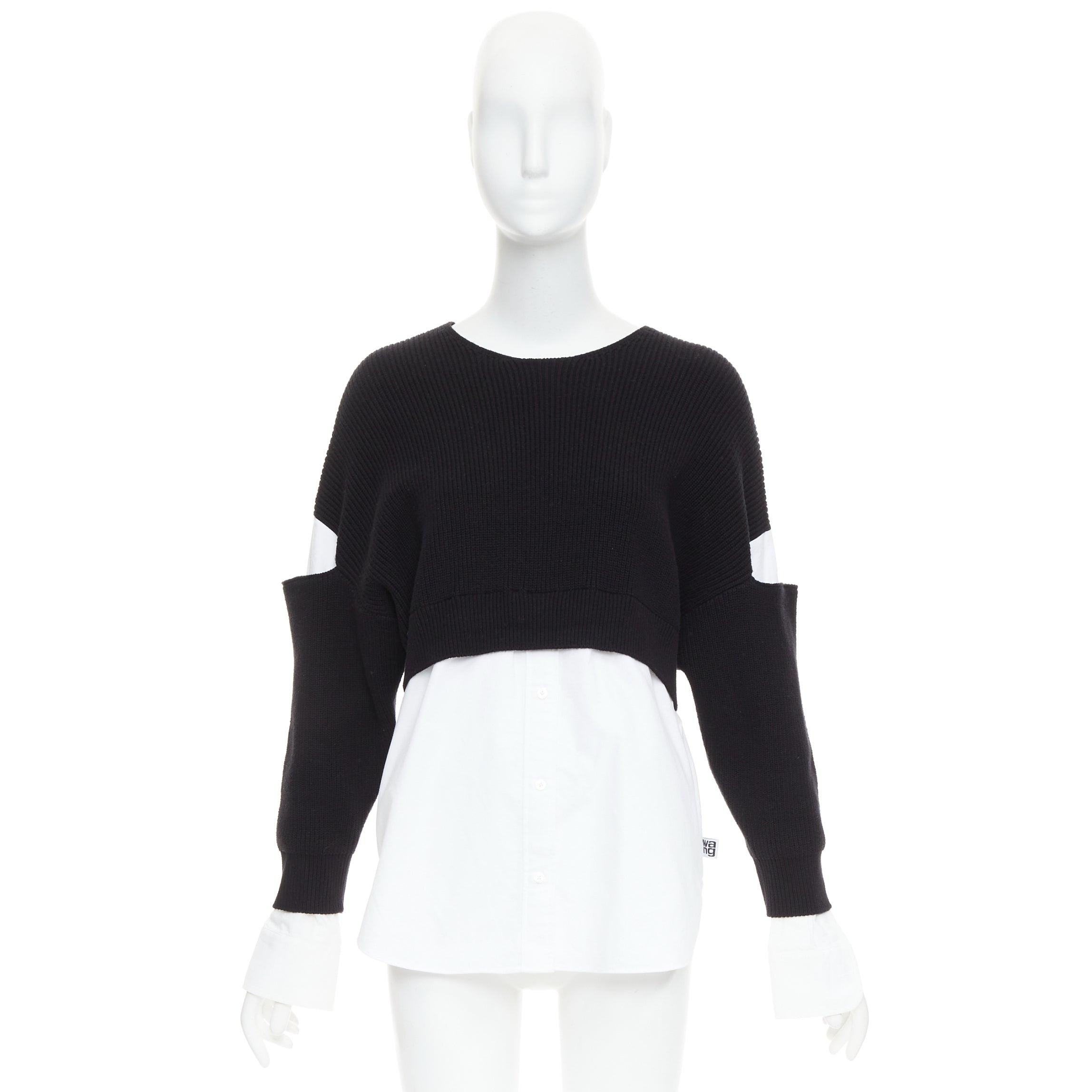 T ALEXANDER WANG black white cotton blend hybrid cropped sweater shirt top XS For Sale 4