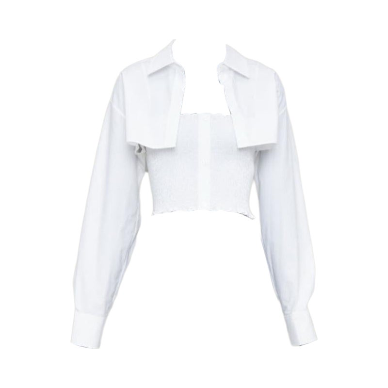 T ALEXANDER WANG white cotton smocked tube oversized crop shirt set S