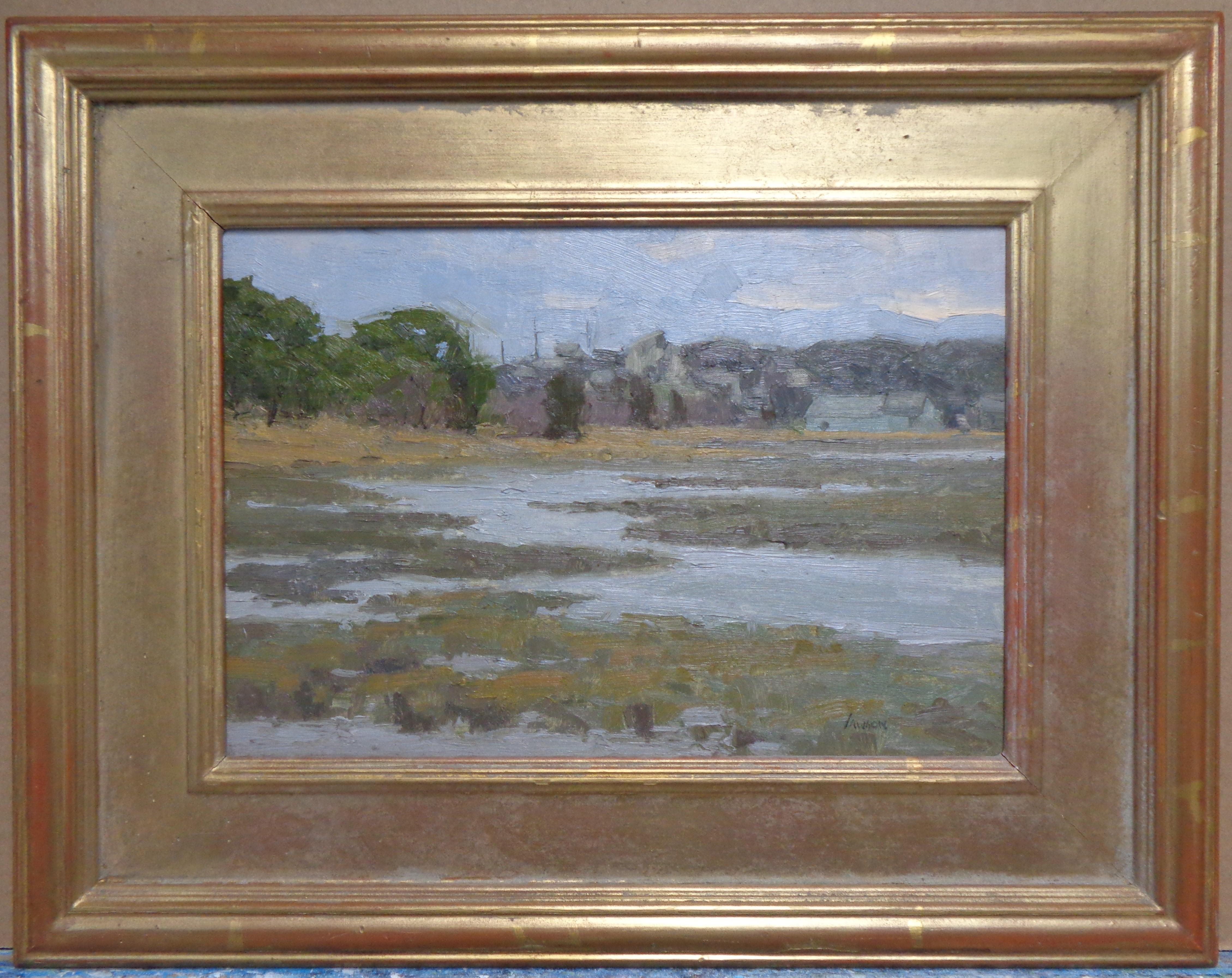  T Allen Lawson
Cockle Cove, Chatham, Mass
oil on canvas board, image 8.88 x 12.88 signed LR, 14.75 x 18.75 x .75 framed
Painting is in good condition housed in a finished corner frame that has been touched up and shows fine front on. It is an older