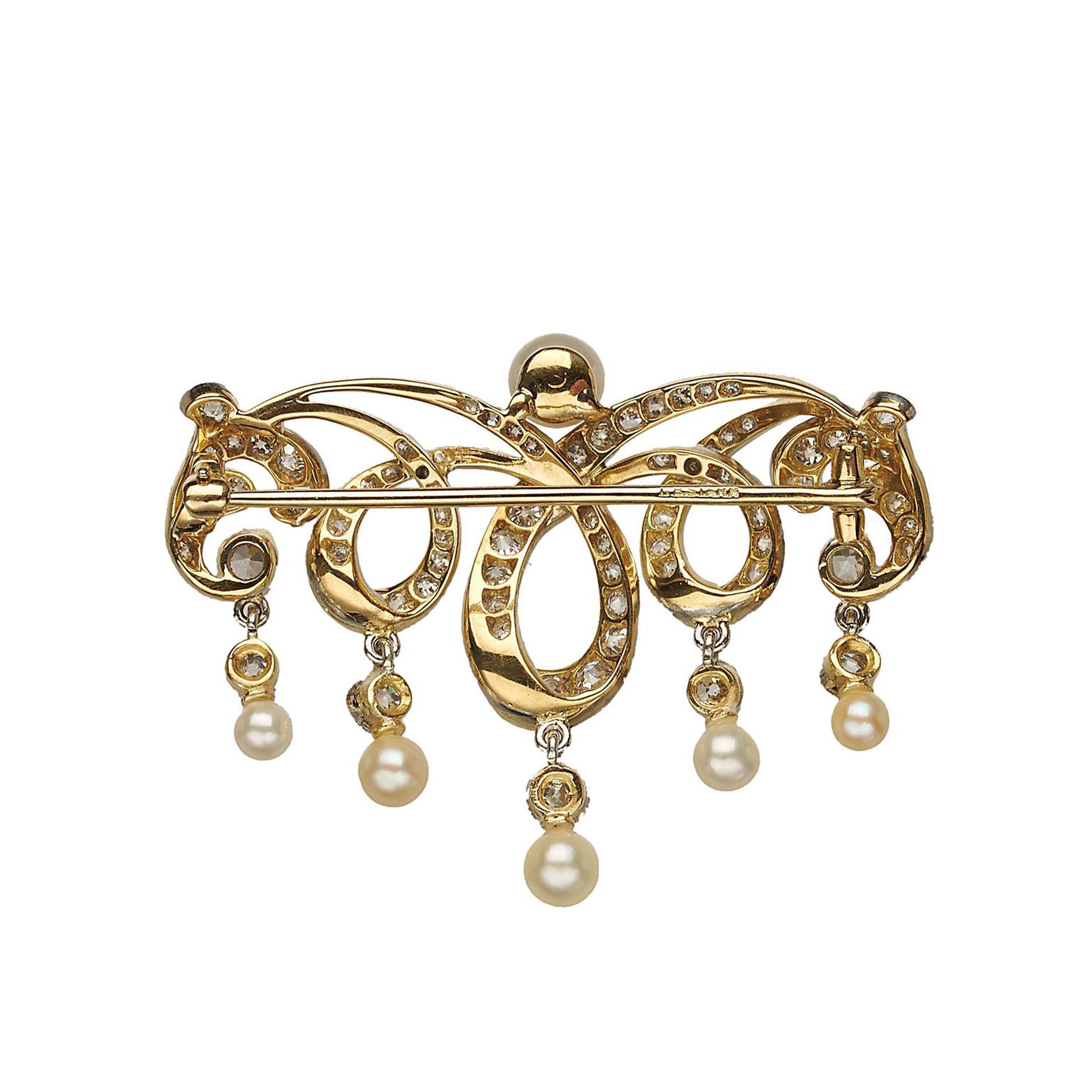 Belle Époque T. B. Starr Belle Epoque Pearl Platinum and Gold Brooch, circa 1905 For Sale