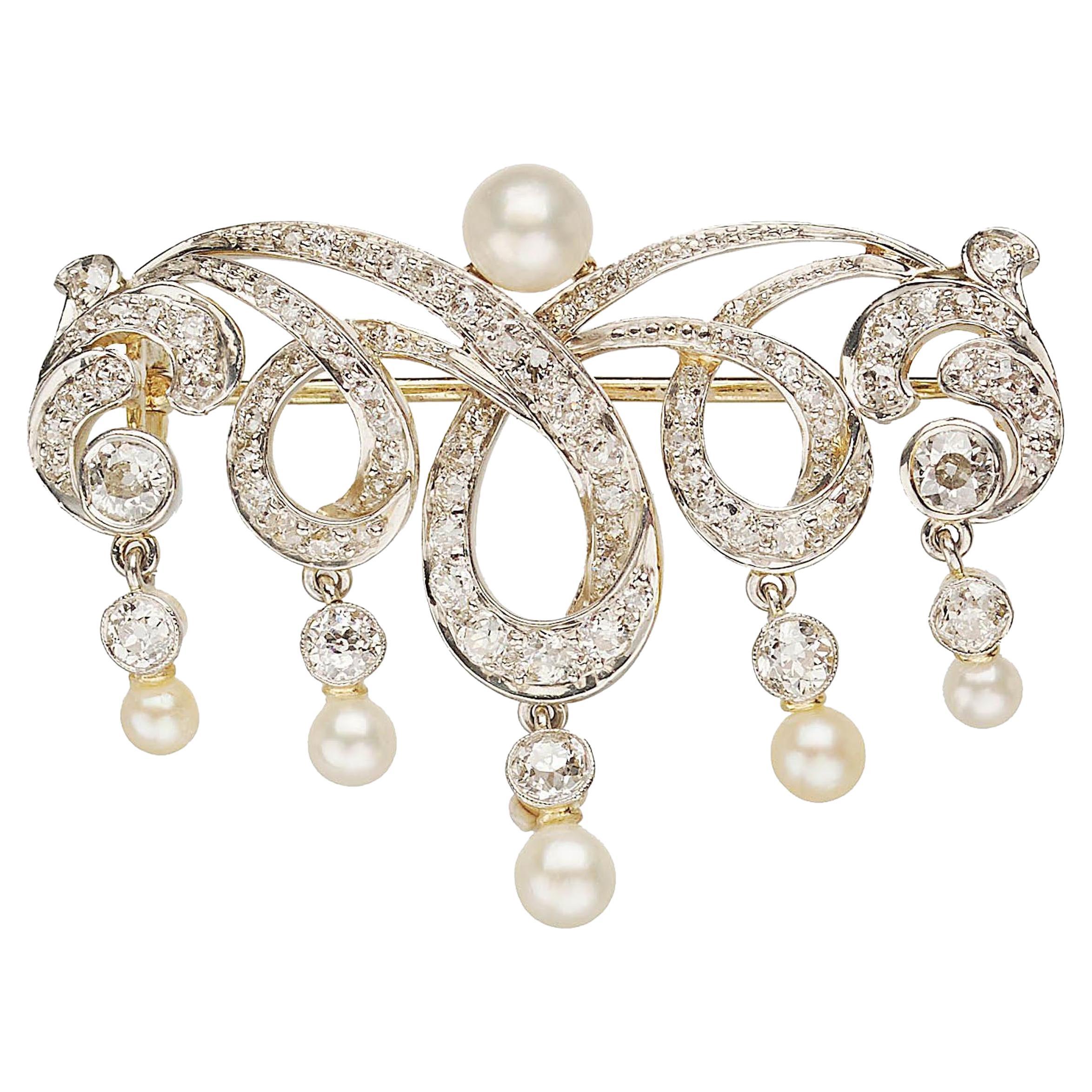 T. B. Starr Belle Epoque Pearl Platinum and Gold Brooch, circa 1905 For Sale