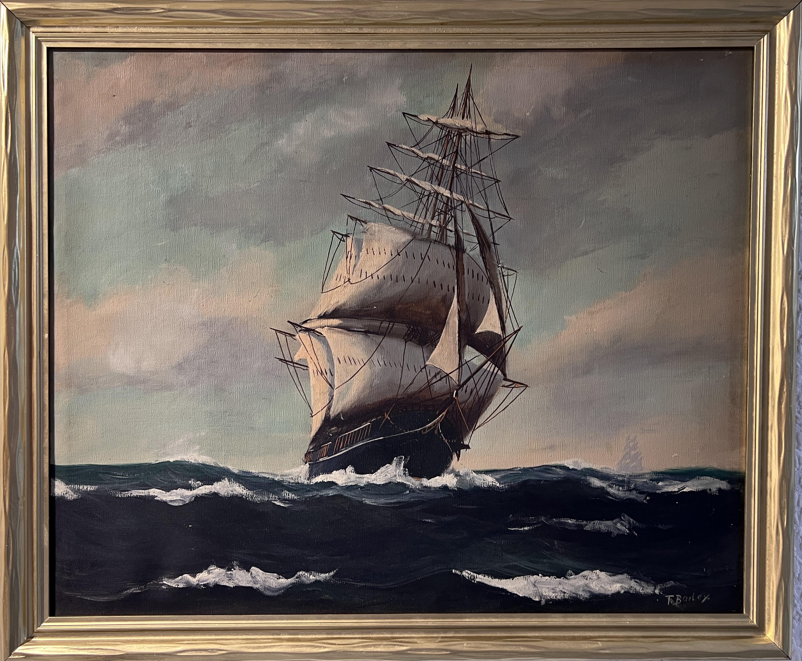 T. Bailey Landscape Painting - Large Antique T. BAILEY Original Oil Painting on canvas, Seascape, Framed