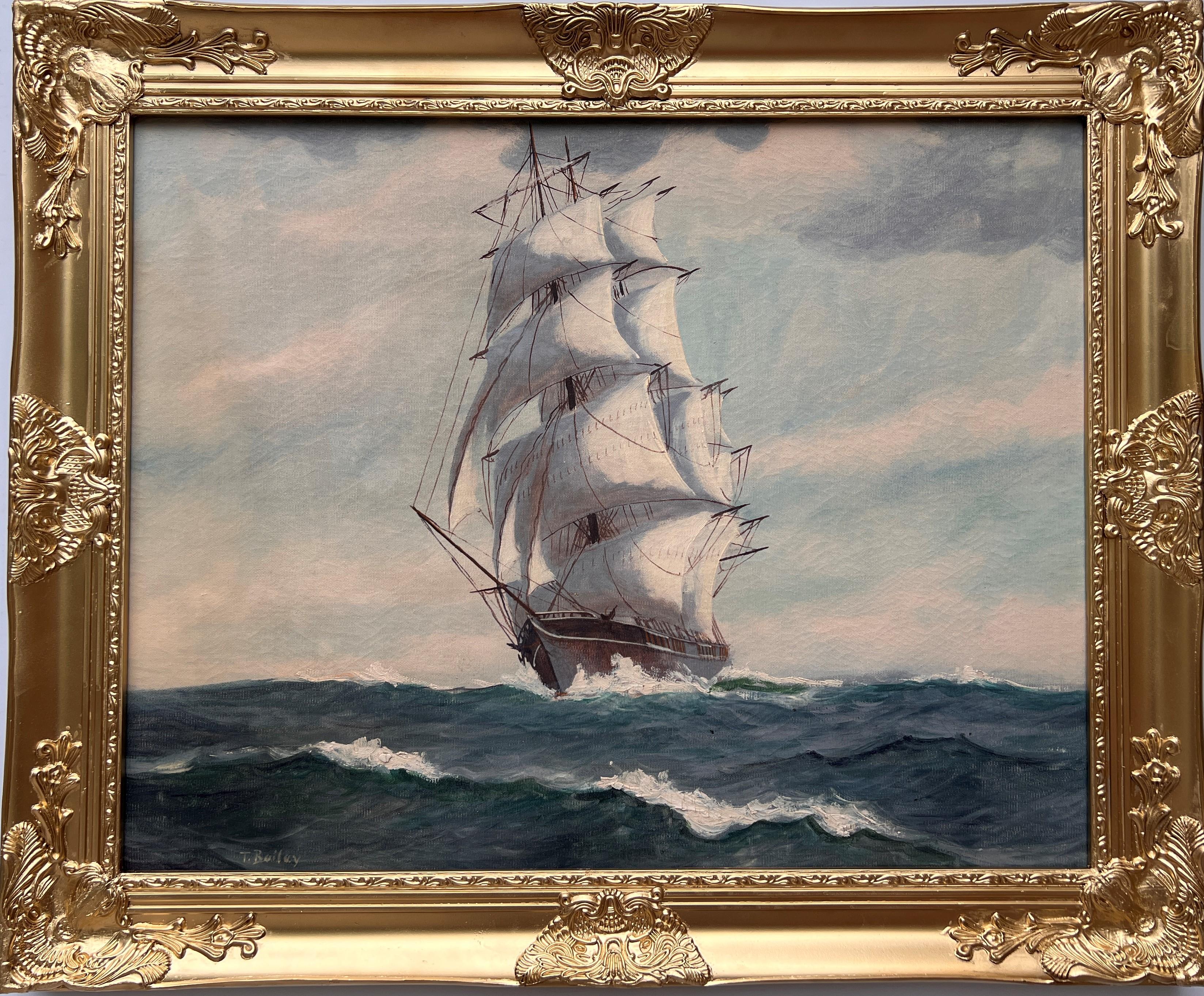 T. Bailey Landscape Painting - Large Antique T. BAILEY Original Oil Painting on canvas Ship on the Ocean