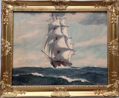 Large Used T. BAILEY Original Oil Painting on canvas Ship on the Ocean