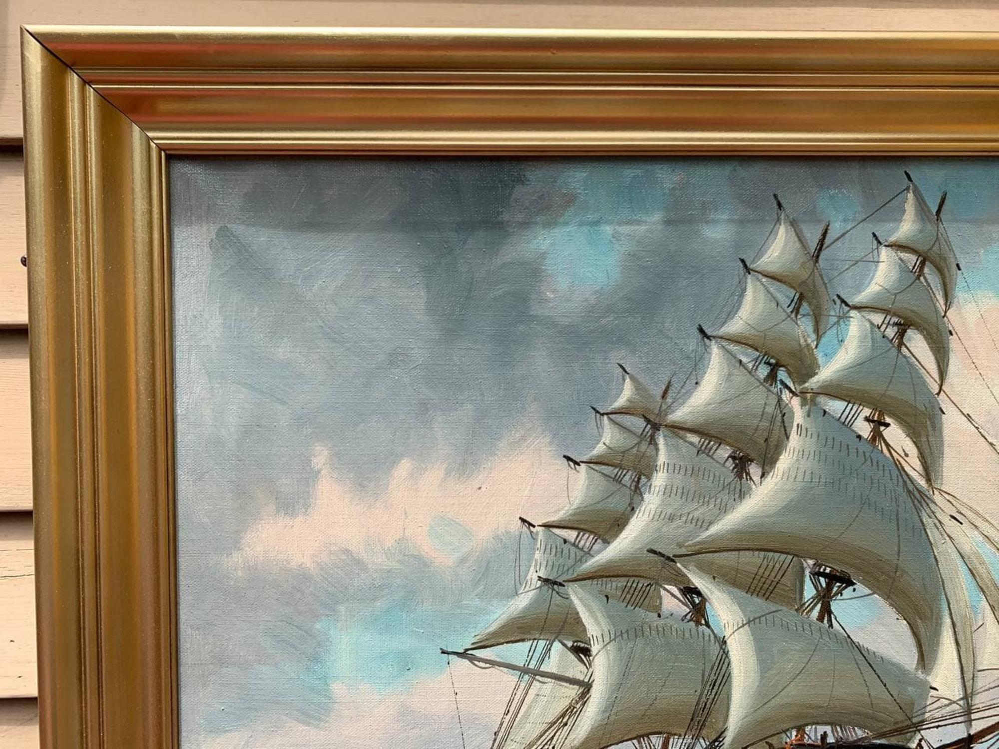 Large Antique T.BAILEY Original Large Oil Painting on canvas Ship on the Ocean For Sale 1