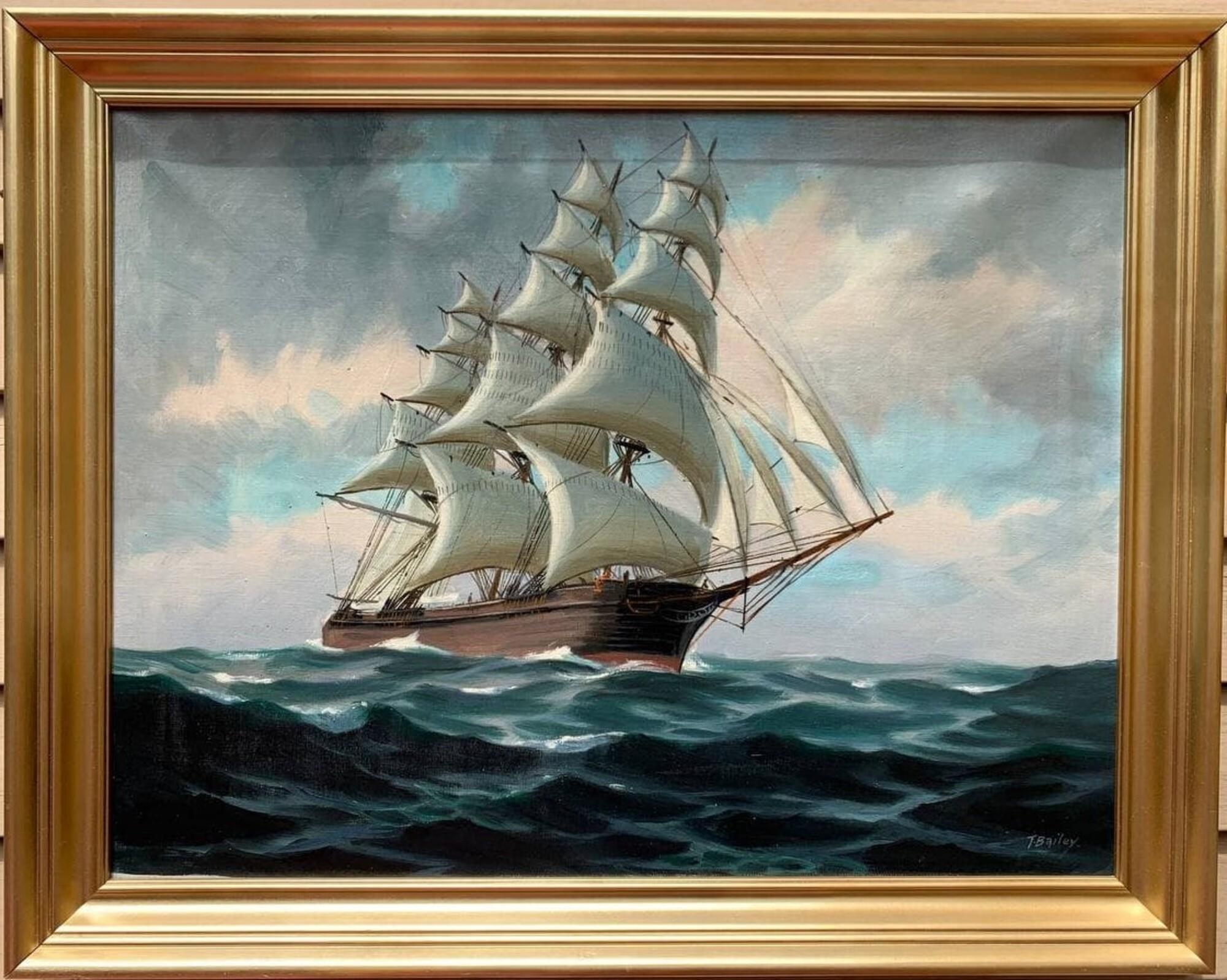 T. Bailey Landscape Painting - Large Antique T.BAILEY Original Large Oil Painting on canvas Ship on the Ocean