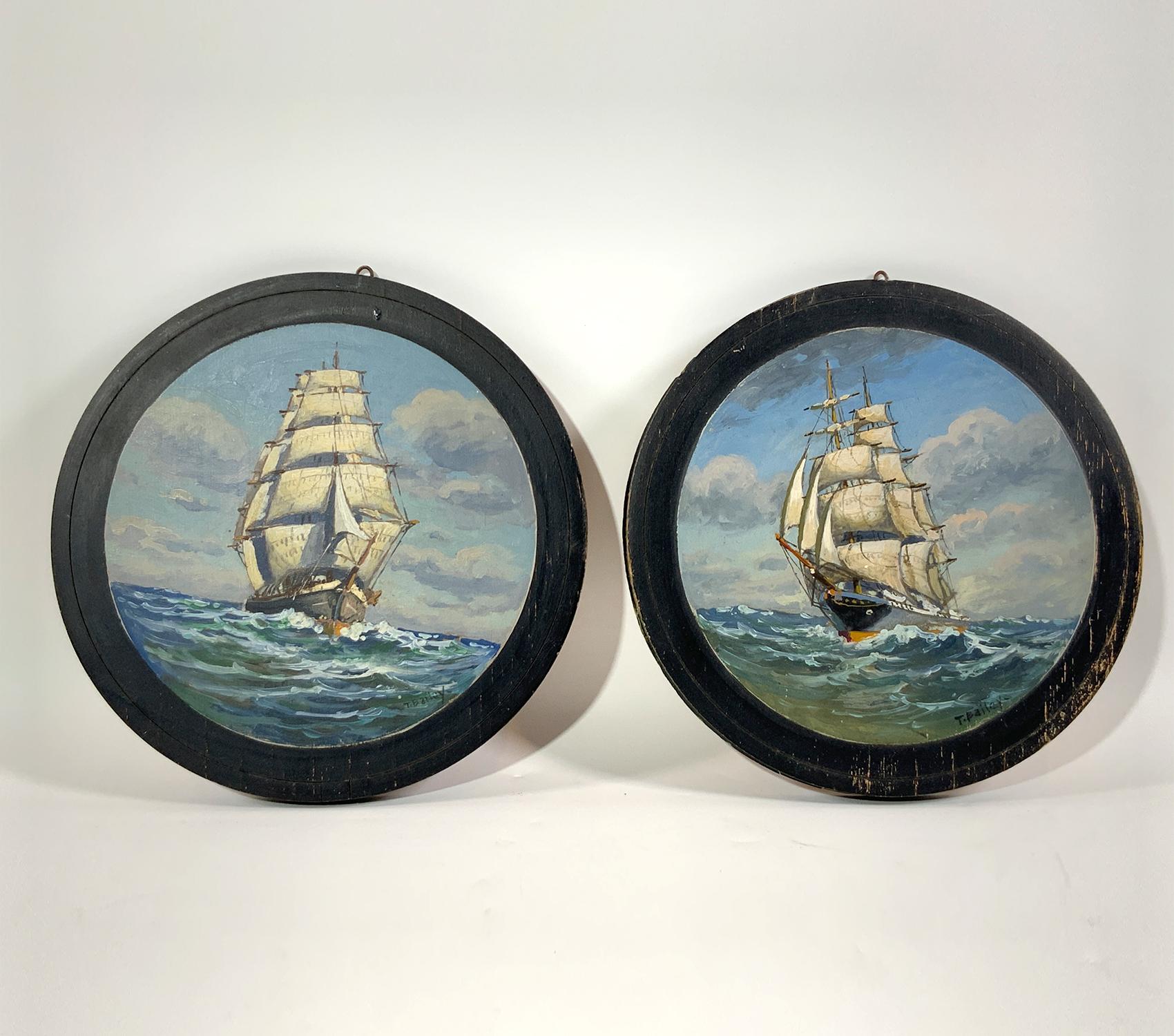 Two paintings of full rigged windjammers under full sail. Mounted on ten inch circular panels. Both are signed lower right T. Bailey. Nice accent pieces. Good for any collection. A prolific painter Circa 1920.