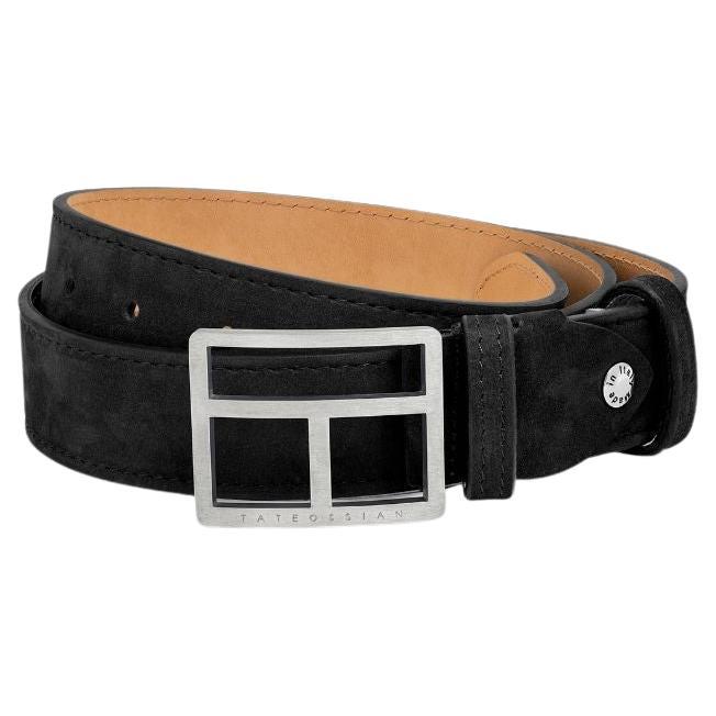 T-Bar Belt in Black Leather & Brushed Titanium Clasp, Size S